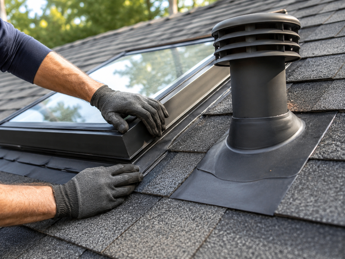 Worker installing a black roof vent flashing on a shingled roof beside a skylight