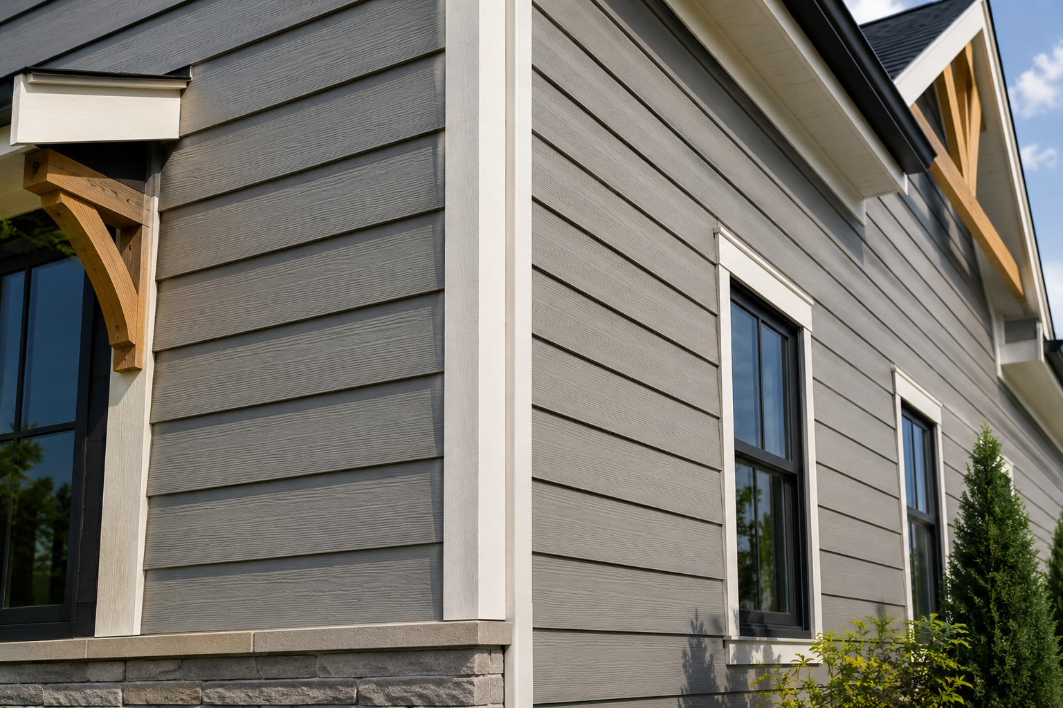 Gray house exterior with white-trimmed windows and wooden porch supports