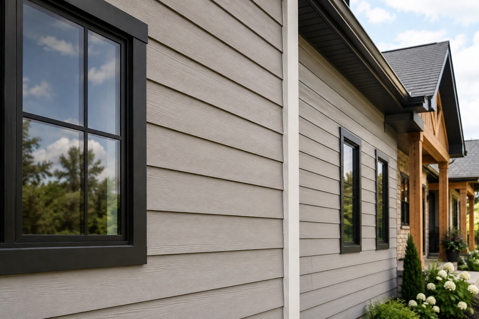 Modern house exterior with beige siding, black-trimmed windows, and a covered porch by greenery