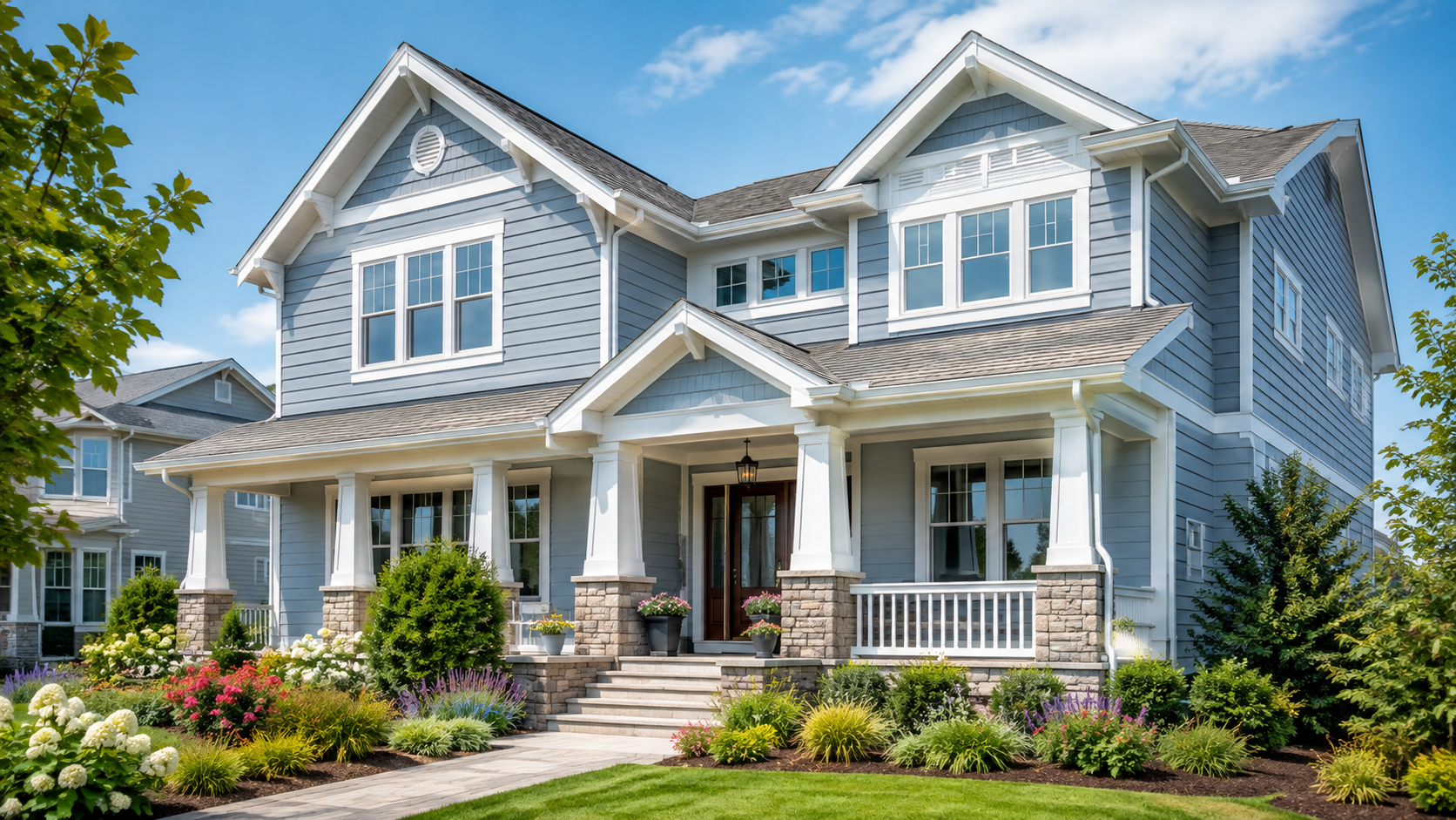 Blue two-story house with white trim, front porch, and landscaped garden under a clear sky