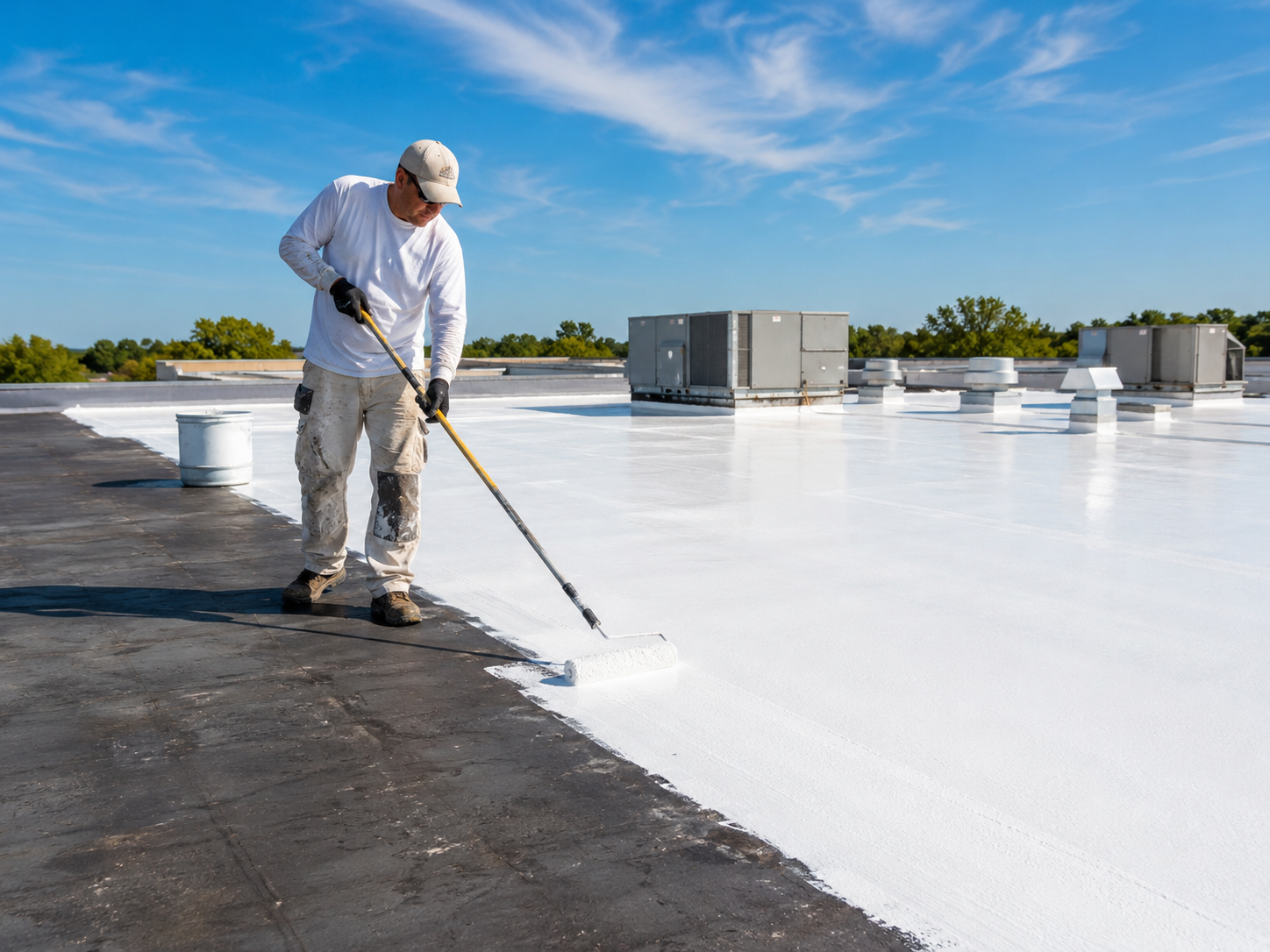Worker applying white roof coating on a flat rooftop under a clear blue sky