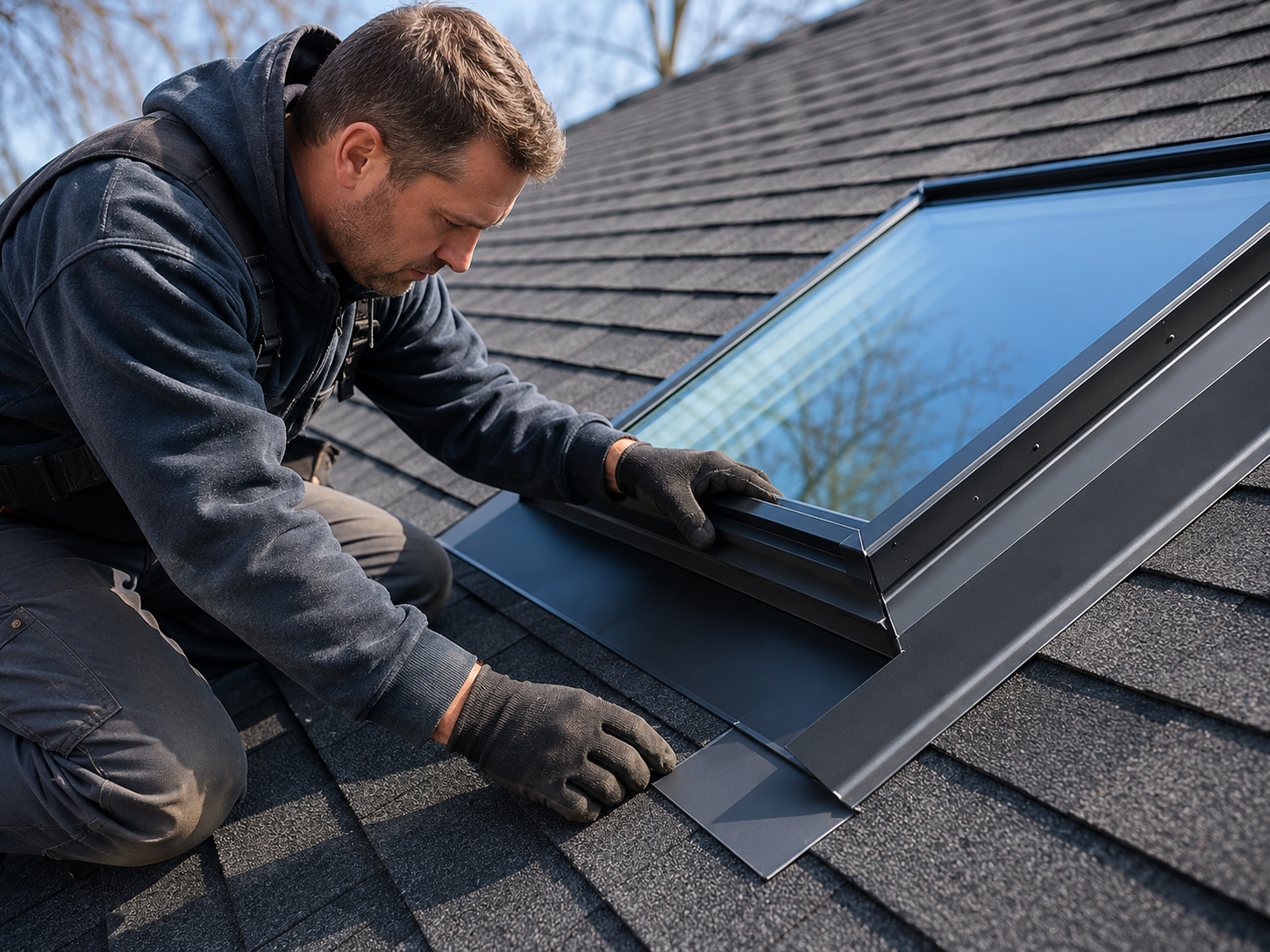 Worker installing a skylight on a shingled roof with black gloves