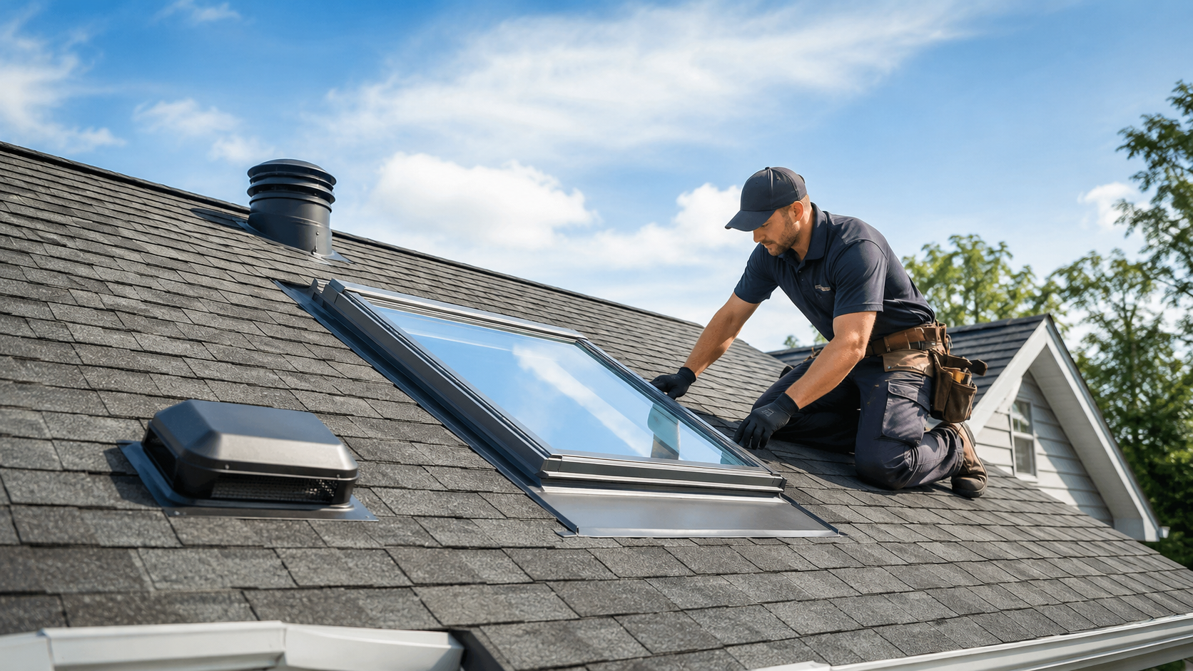 Worker installing a skylight on a shingled roof beside a vent and solar panel