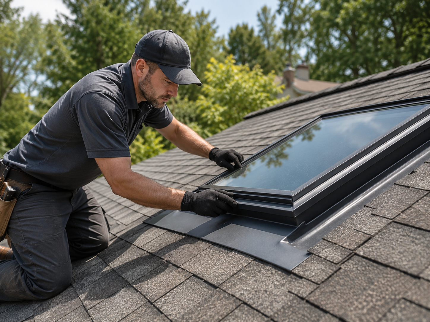 Worker installing a skylight on a shingled roof, using gloves and a cap outdoors.