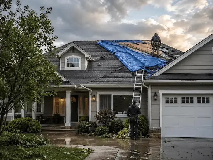 Worker on a roof covering storm damage with blue tarp on a suburban house after rain.