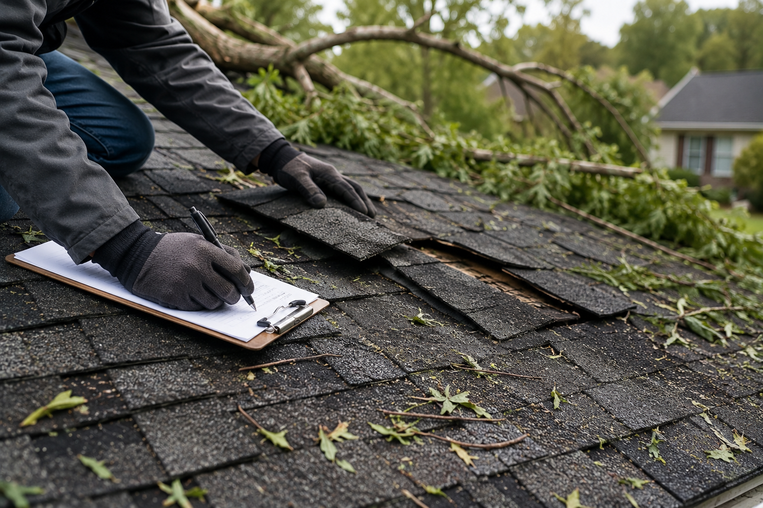 Worker inspecting damaged shingles on a roof after storm debris fall