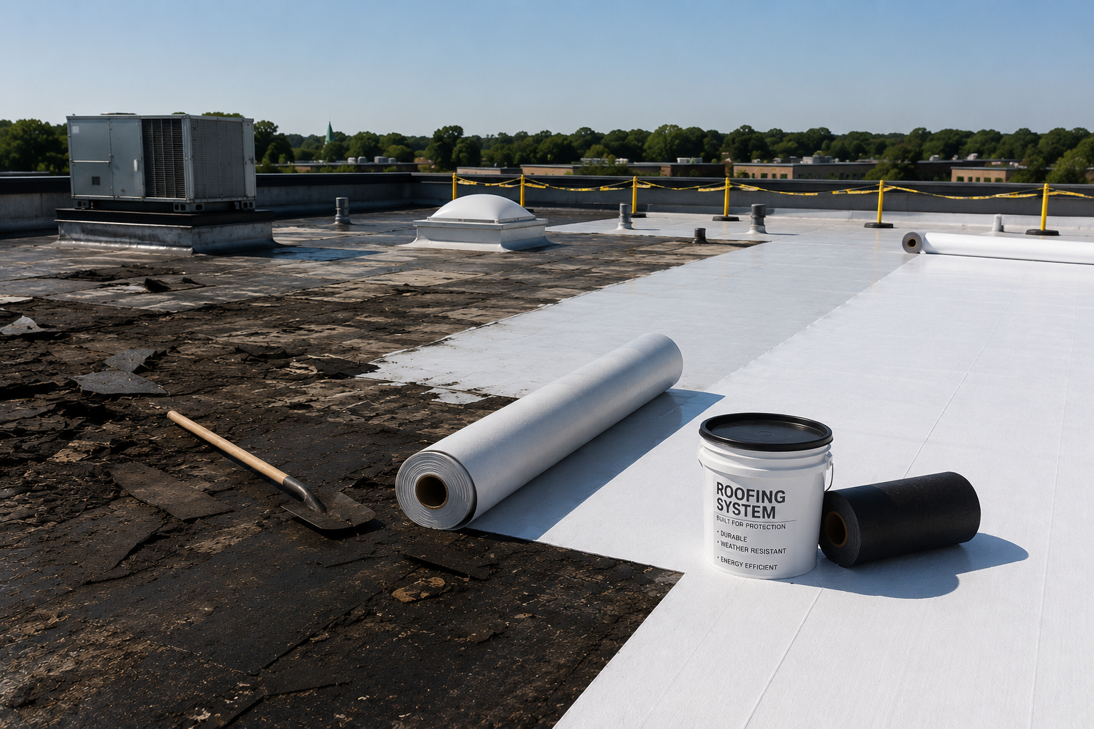 Roofing materials on a flat rooftop beside a river, with rolls of membrane and a white coating bucket.