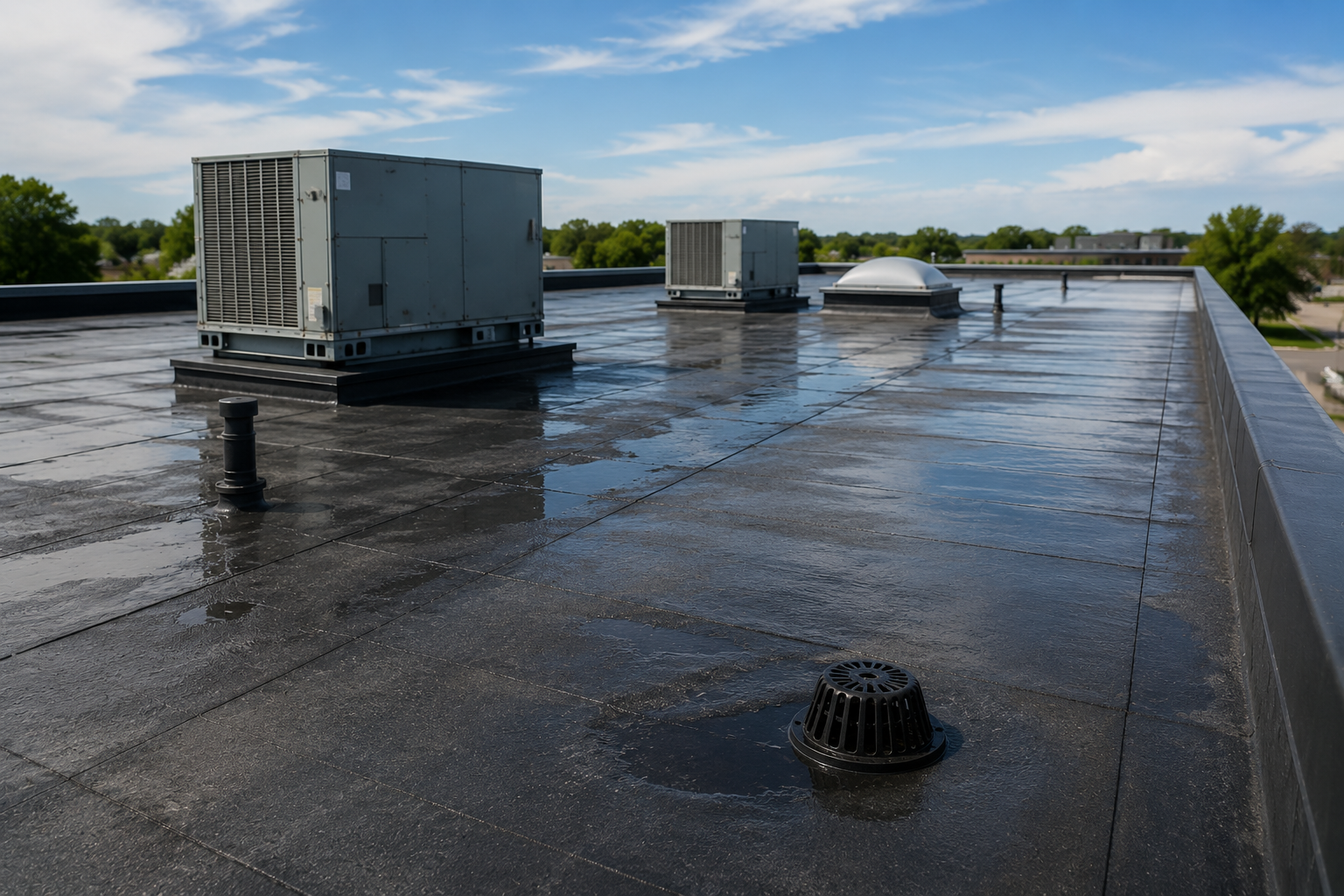 Flat rooftop with HVAC units and puddles after rain under a blue sky.