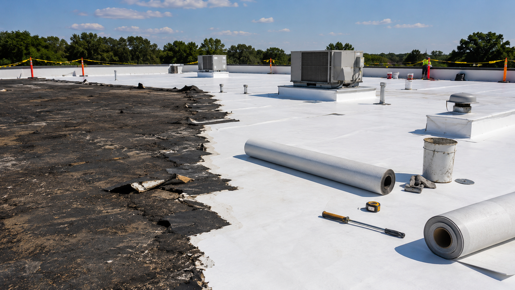 Flat rooftop with white membrane, dark torn section, and HVAC units under a clear sky.