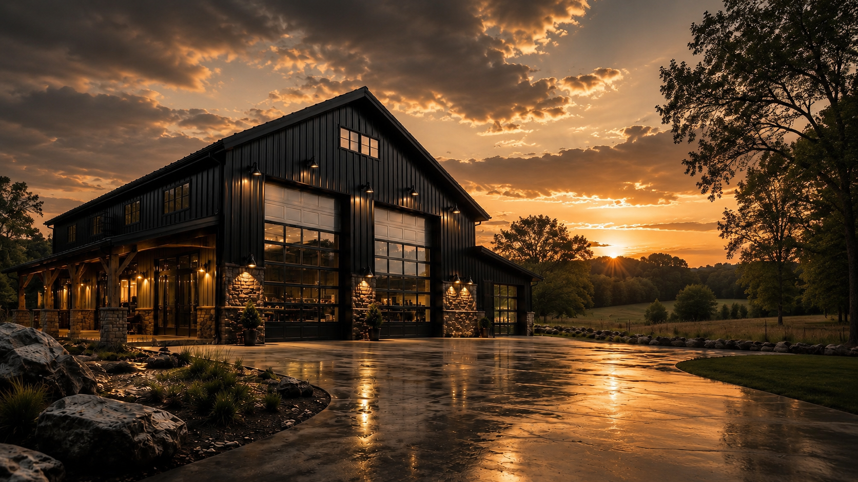 Modern glass building at sunset with glowing lights reflected on a wet driveway and cloudy sky