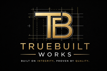 Cartoon contractor holding a drill beside the TrueBuilt logo and “Build integrity, power by quality” text