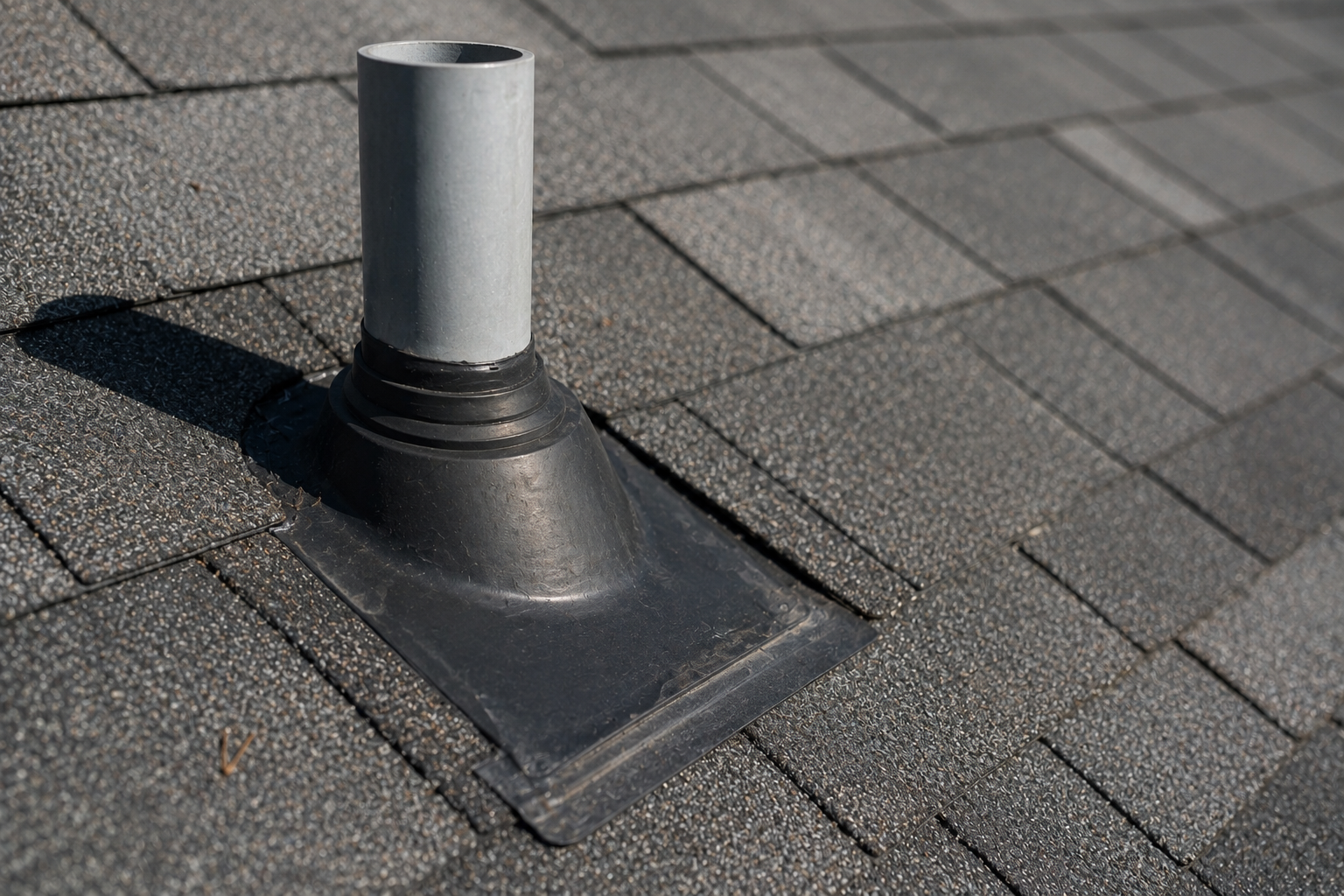 Roof vent pipe with black flashing on gray shingle roof
