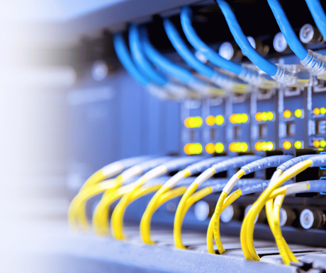 Network server rack with blue and yellow Ethernet cables plugged into switch ports