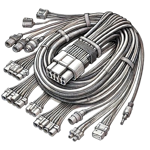 Coiled bundle of computer cables and connectors, including a large multi-pin plug and several smaller plugs.