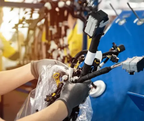 Hands in gloves assembling a cable harness on a factory workbench.