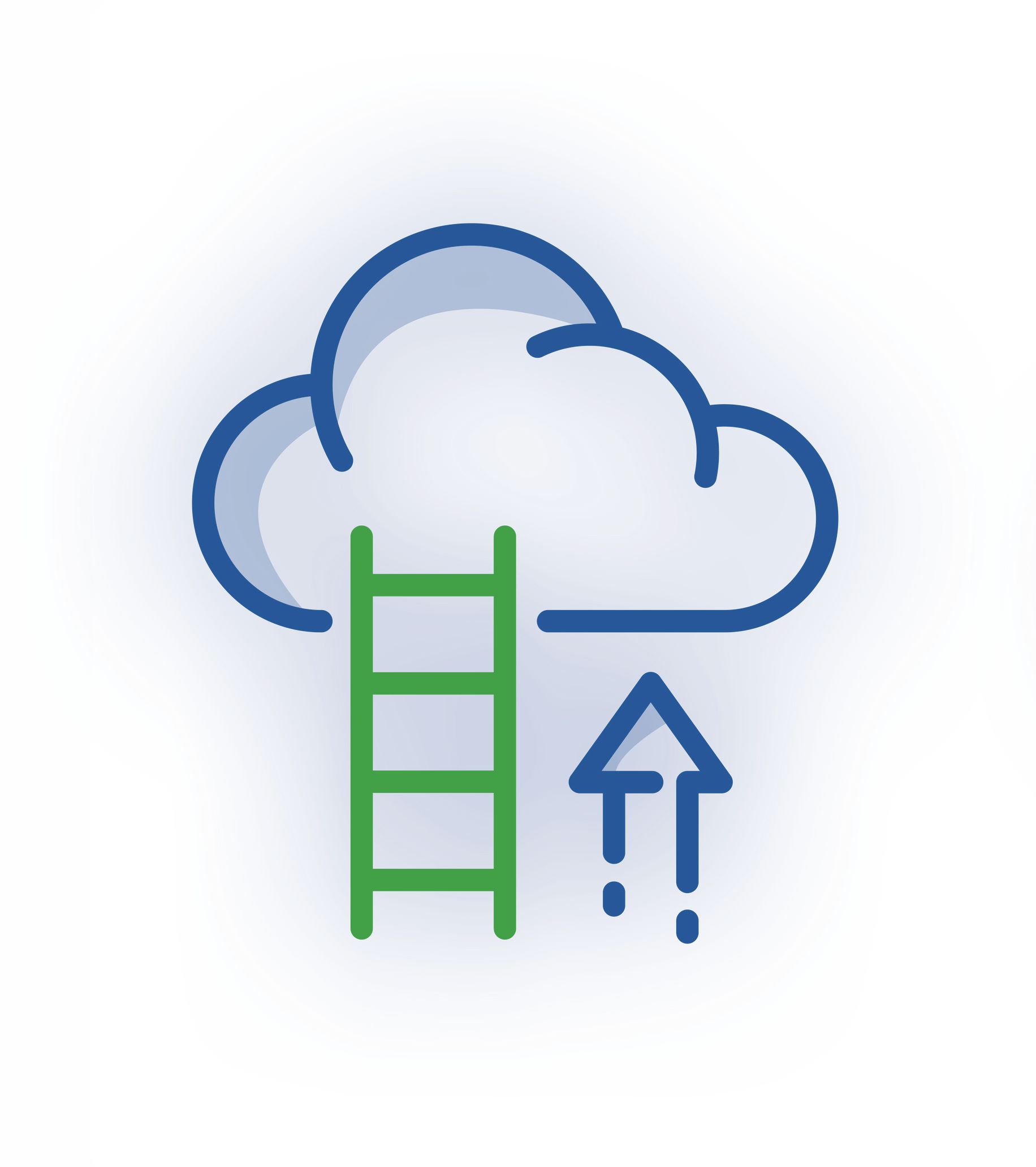 A blue cloud icon with a green ladder leaning against it and a blue upward-pointing arrow next to it.
