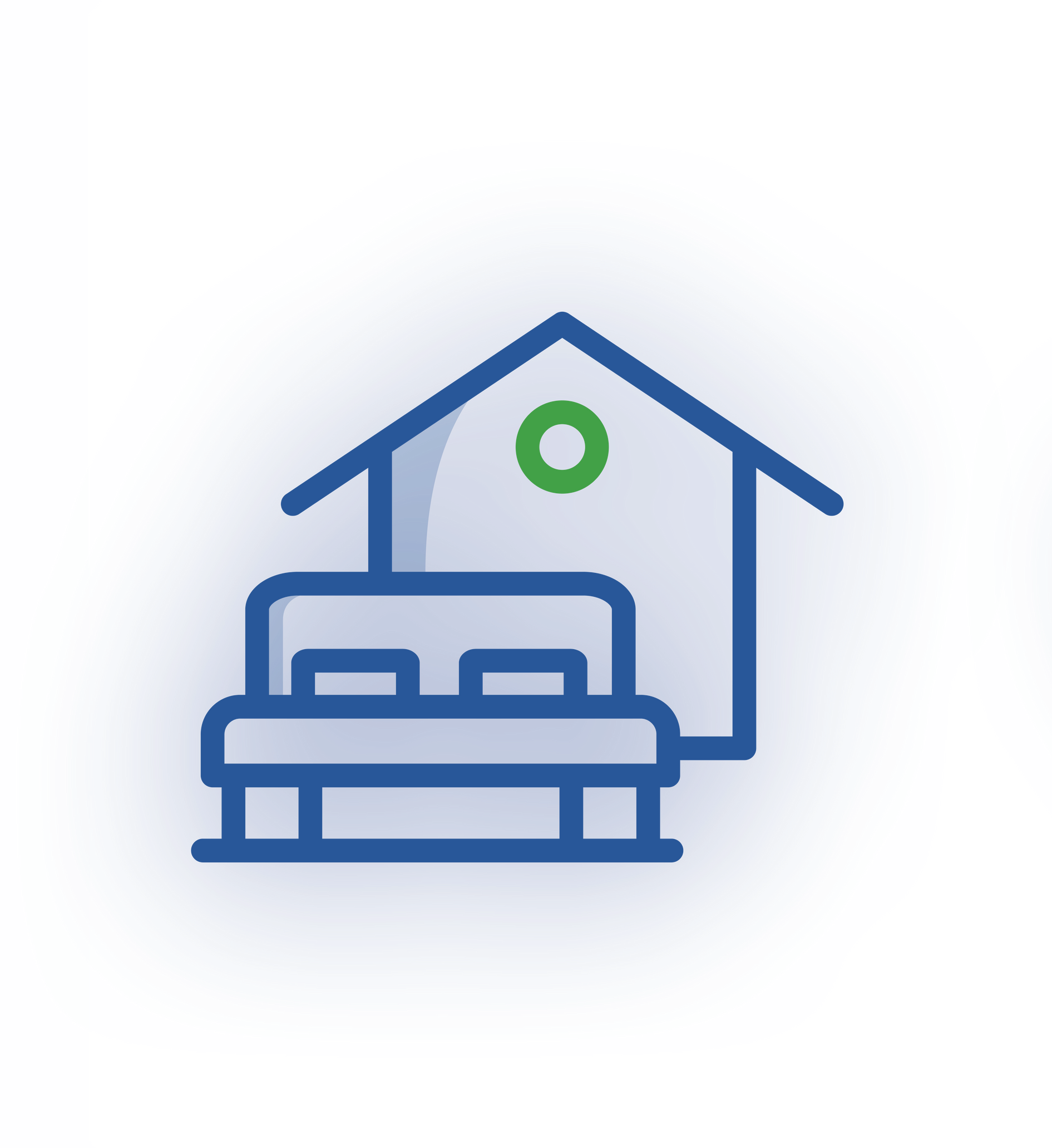 A blue line-art icon showing a double bed in front of a house outline with a small green circle on the roof.