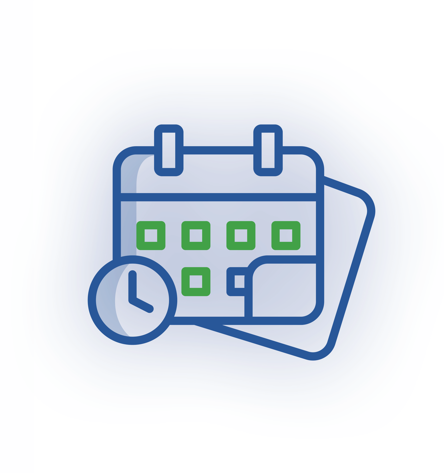 A blue-outlined calendar icon featuring green date squares and an overlaid clock symbol.