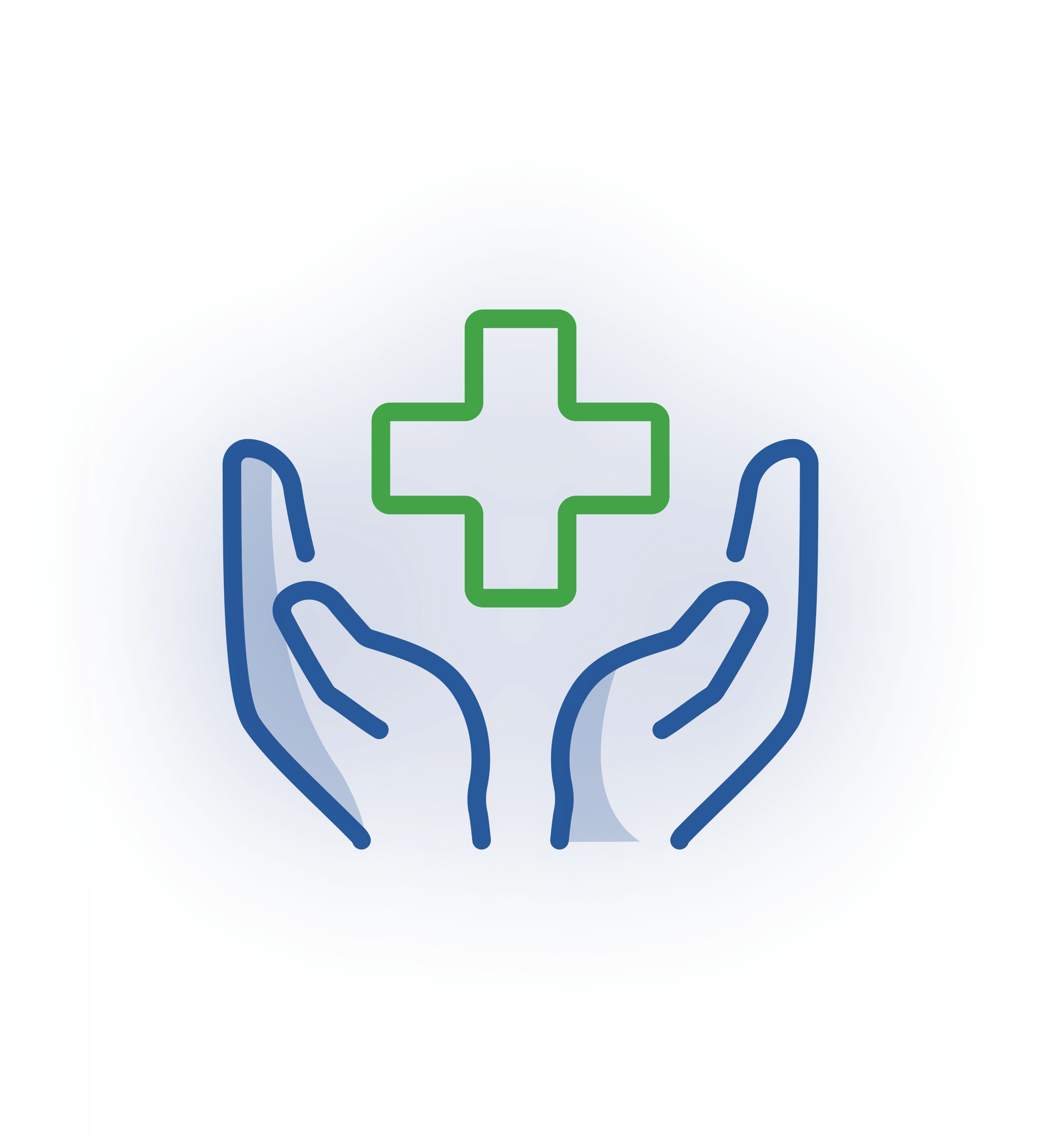 Two dark blue hands cupped upward, cradling a green medical cross icon centered above them.