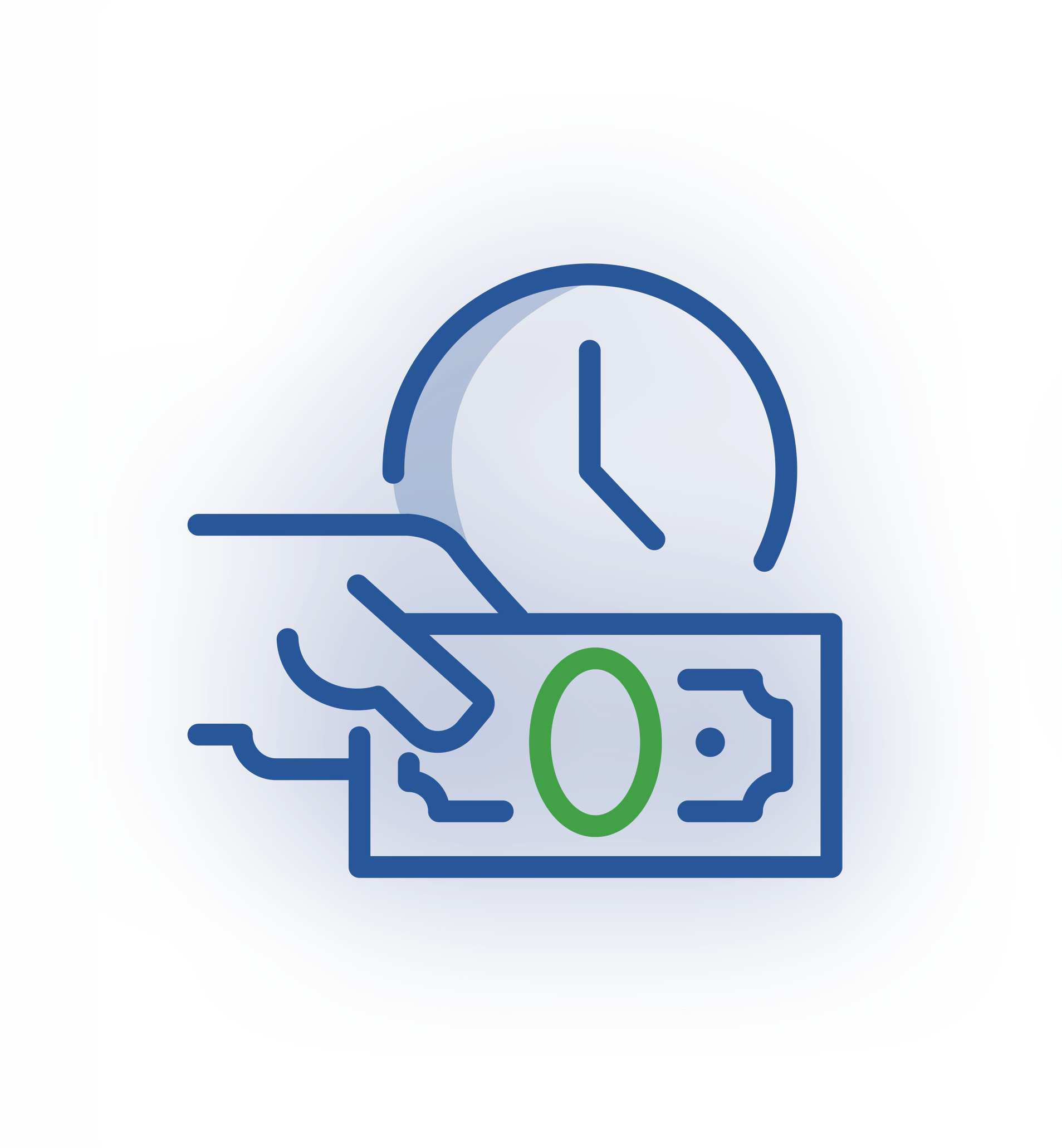A blue outlined icon of a hand holding a piece of paper currency in front of a clock face.
