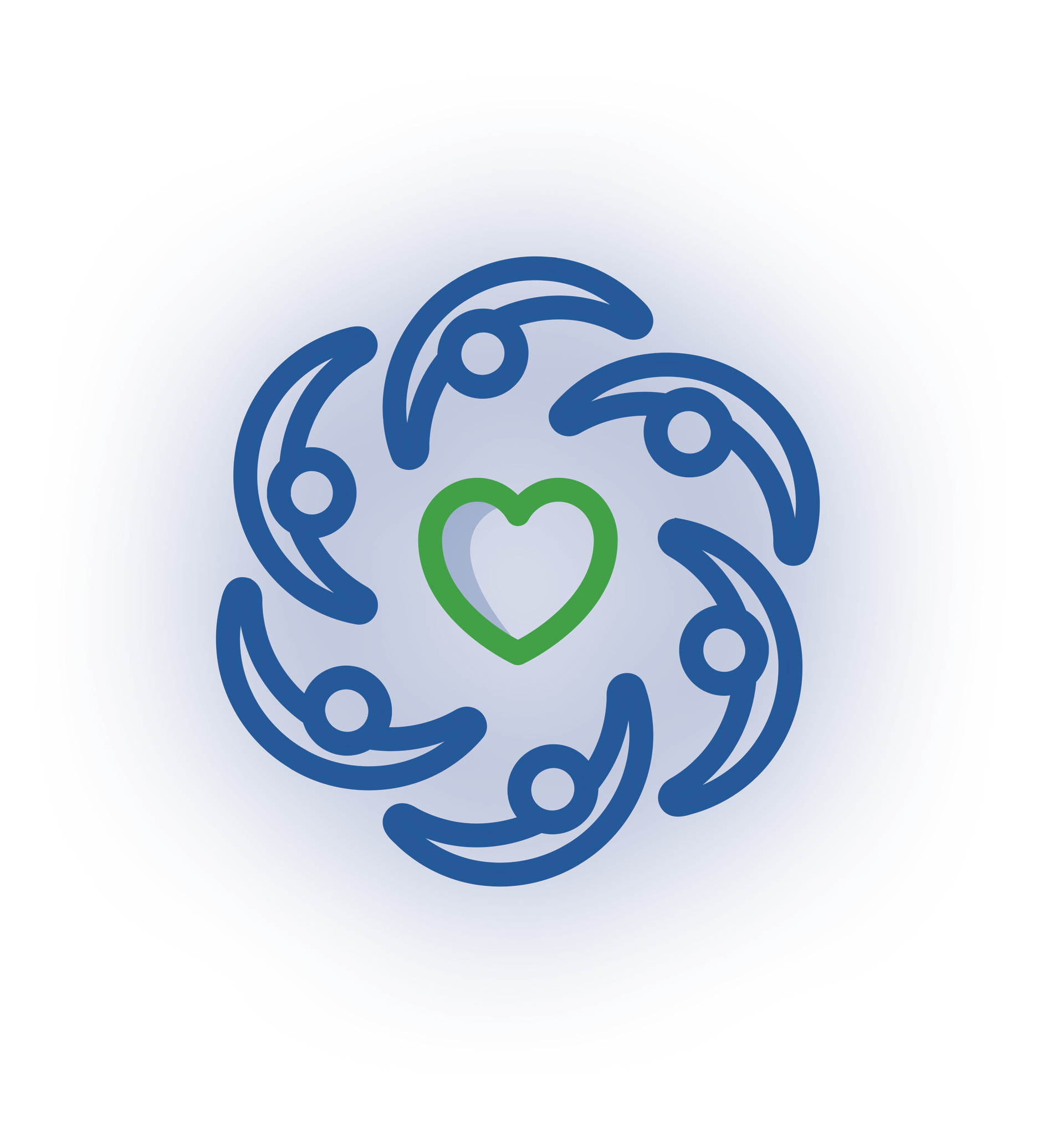 A blue circular logo depicting six stylized figures holding hands around a central green heart.