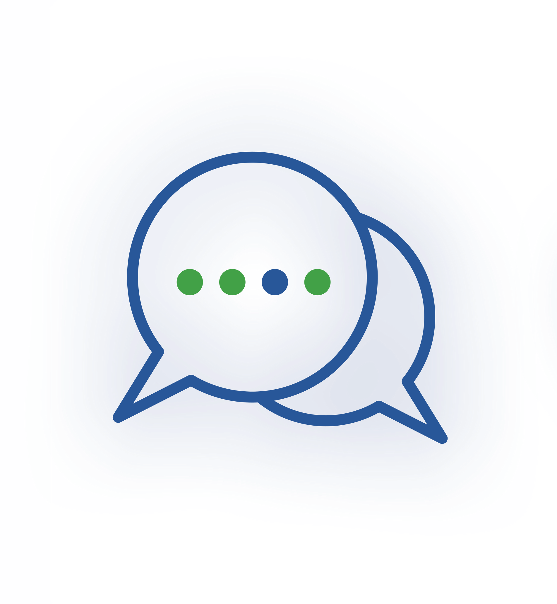 Two overlapping speech bubbles with a horizontal row of four dots—three green and one blue—inside.