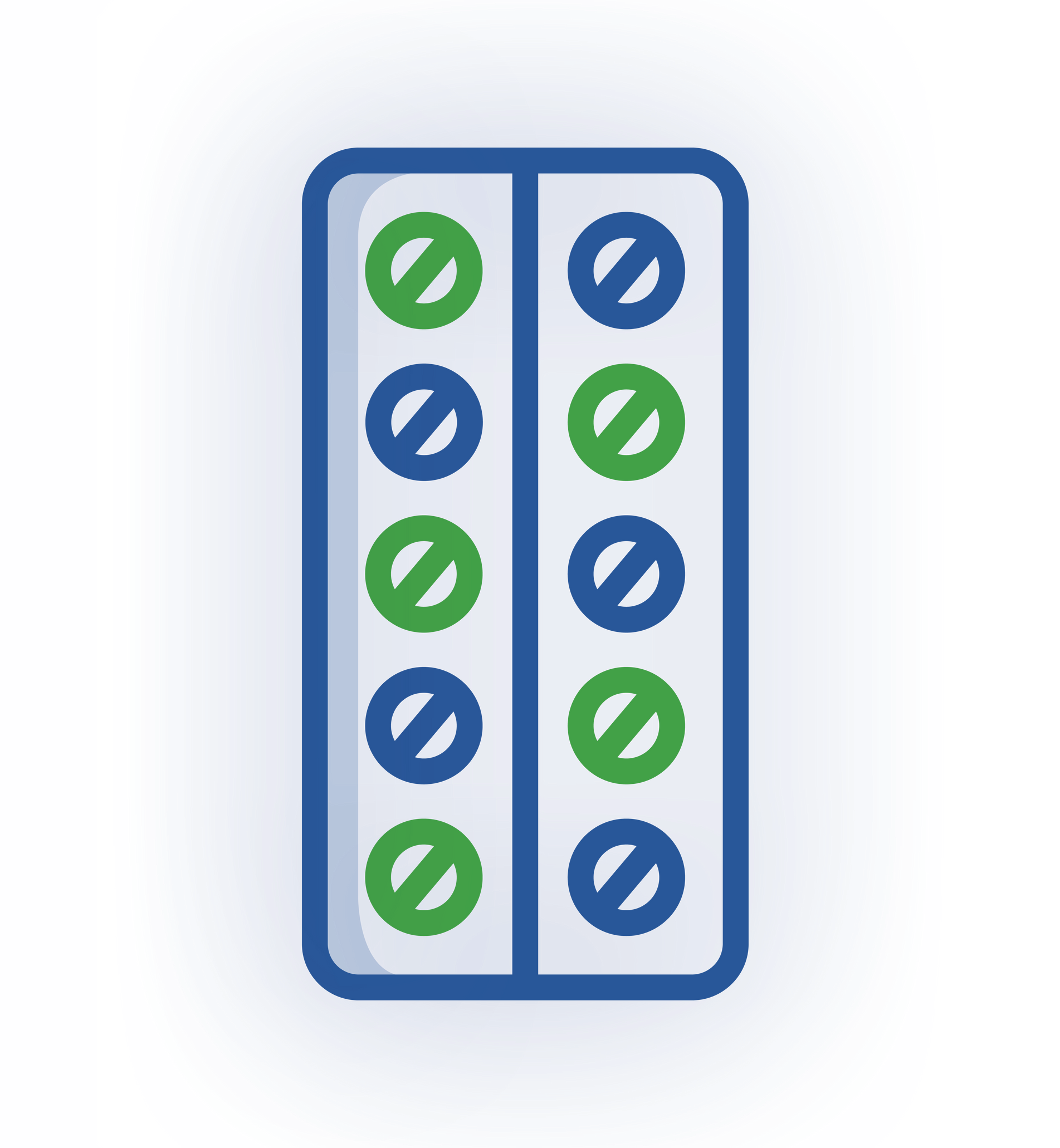 A blister pack containing 10 tablets, alternating between green and blue, arranged in two vertical columns.