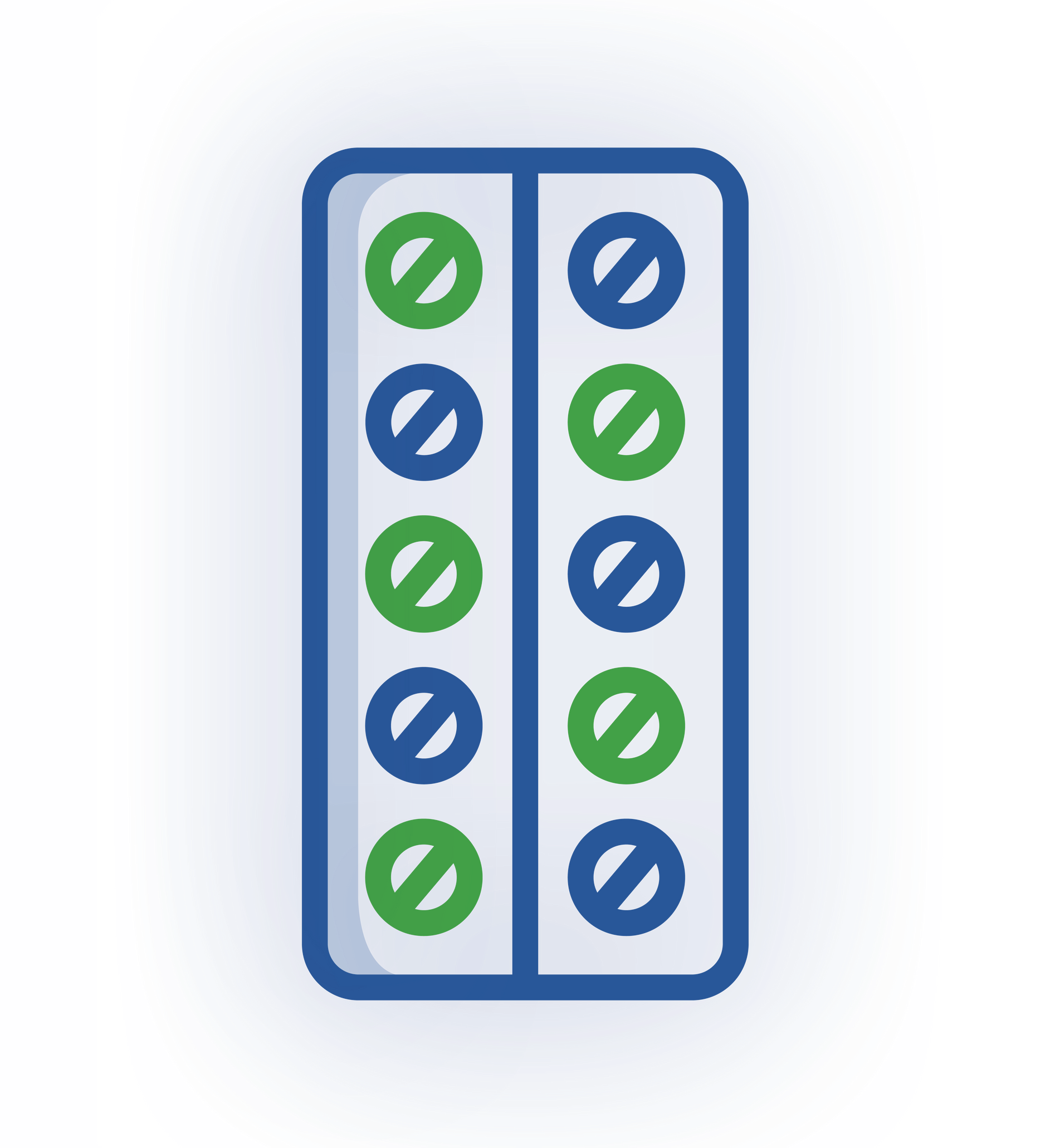 A blister pack of ten pills, alternating between blue and green in a 2x5 grid.