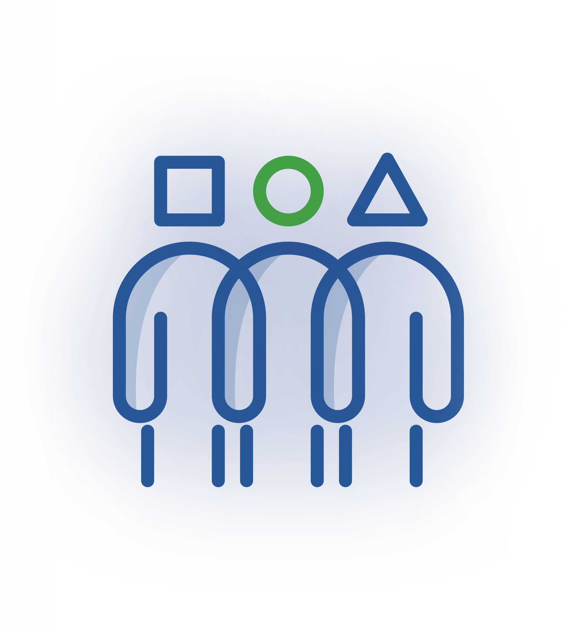Three stylized blue figures standing side-by-side, topped with a square, a green circle, and a triangle, respectively.