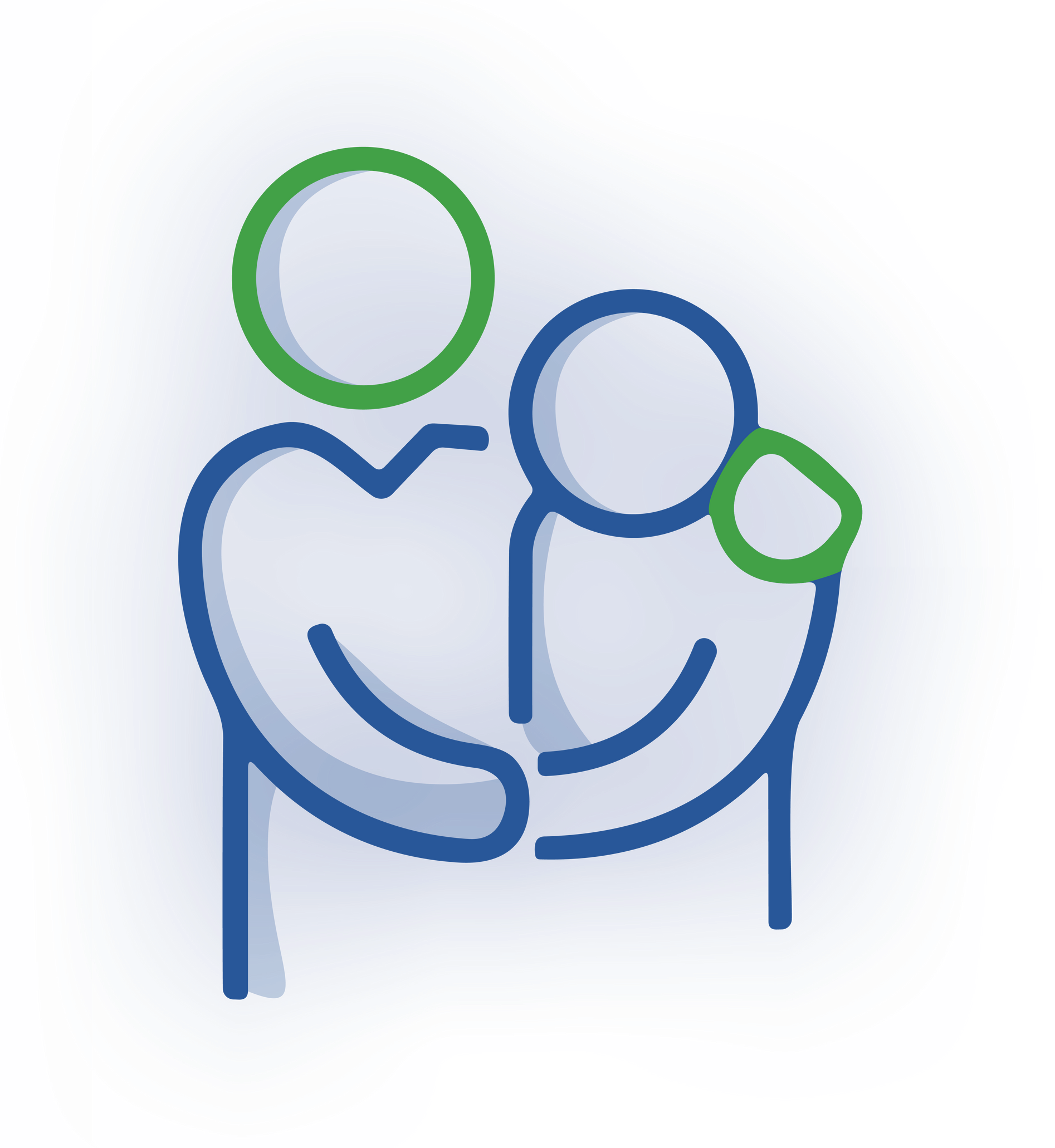 A blue and green line-art icon of two people embracing, with one person resting a hand on the other's shoulder.