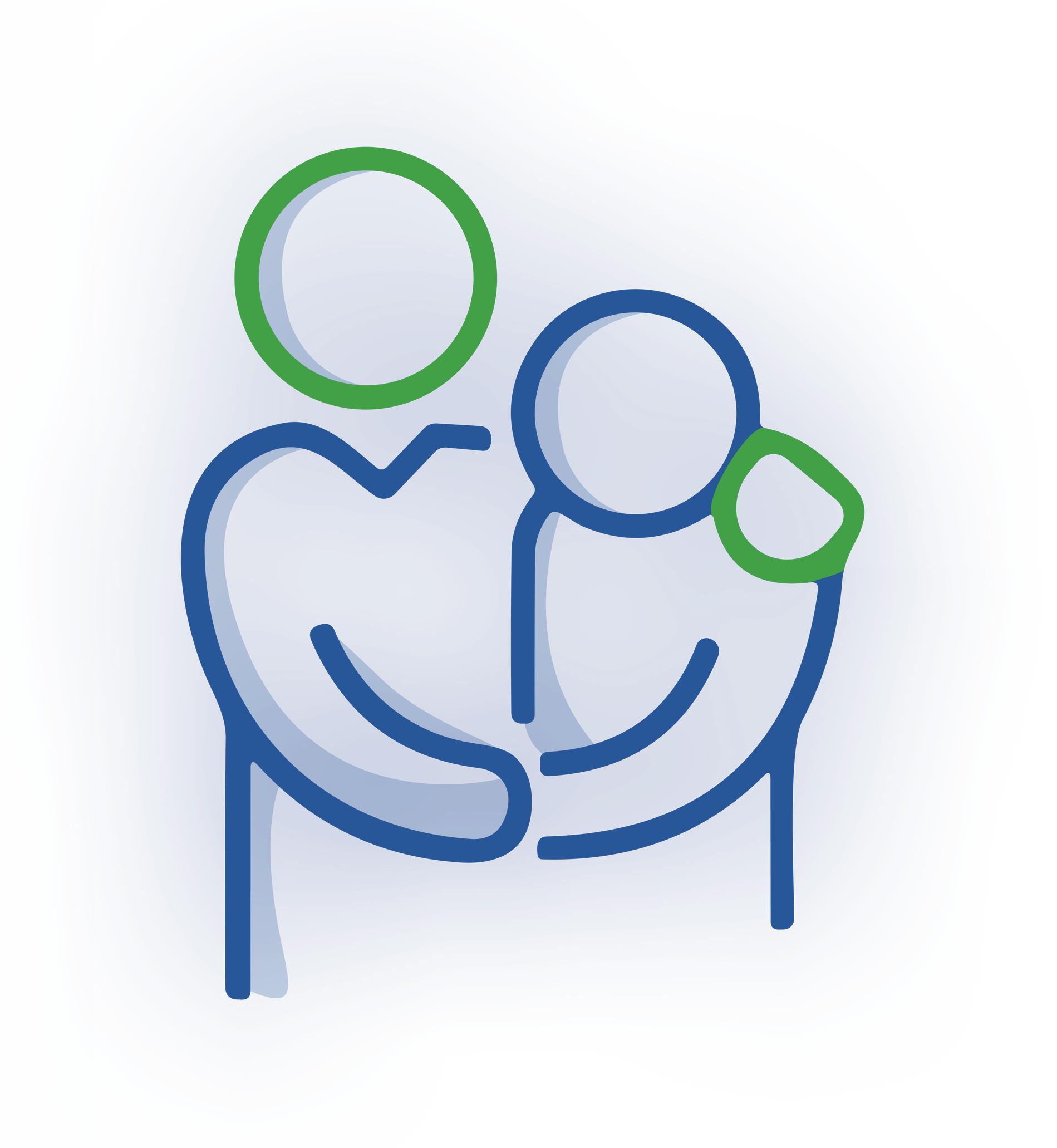 A stylized icon of two figures embracing; one has a green head, the other a blue head with a green hand on their shoulder.