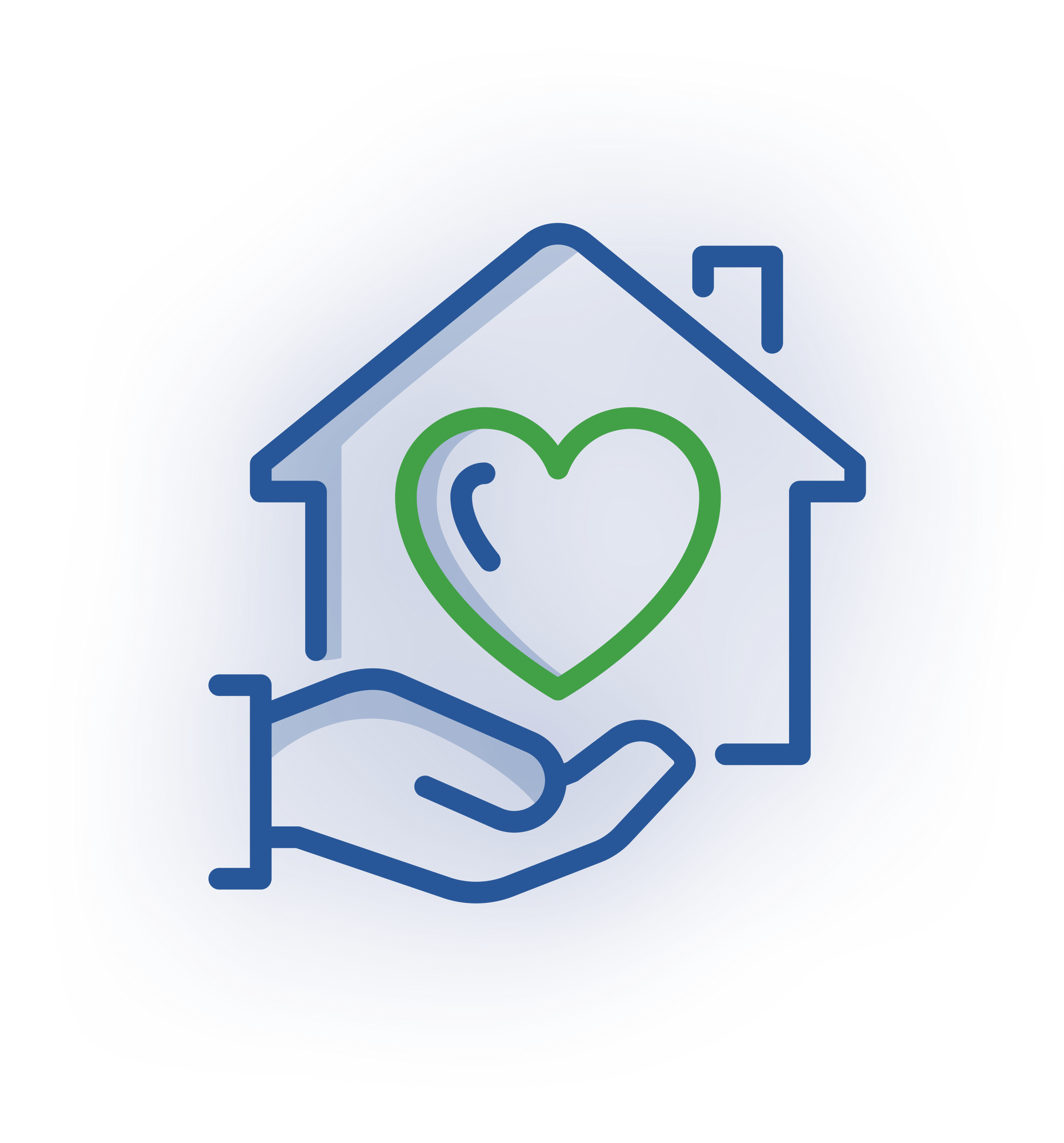 A blue outline of a house containing a green heart, held up by a stylized blue hand icon.