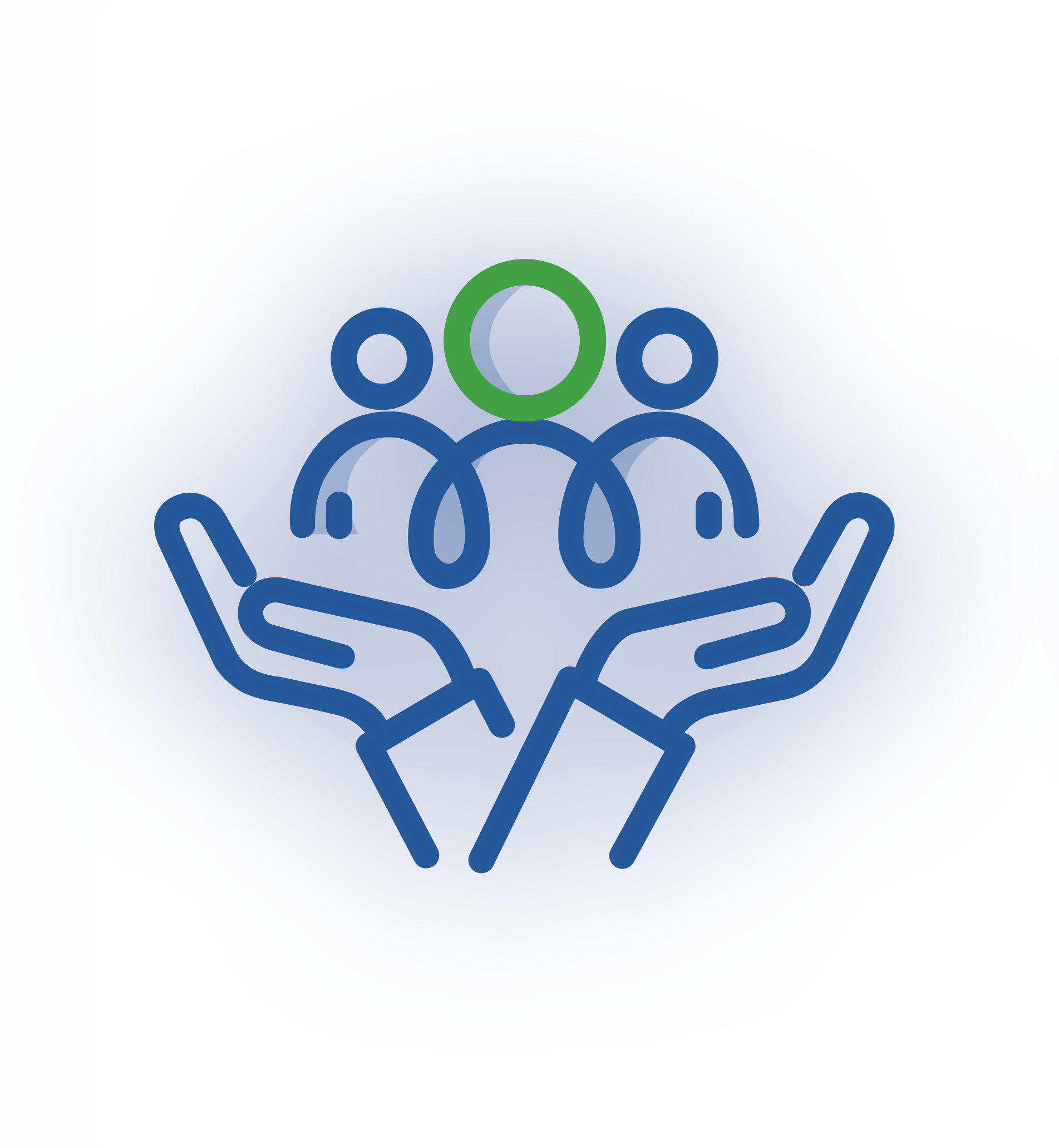 A line-art icon showing two hands cupping a group of three stylized figures, with the center figure highlighted in green.