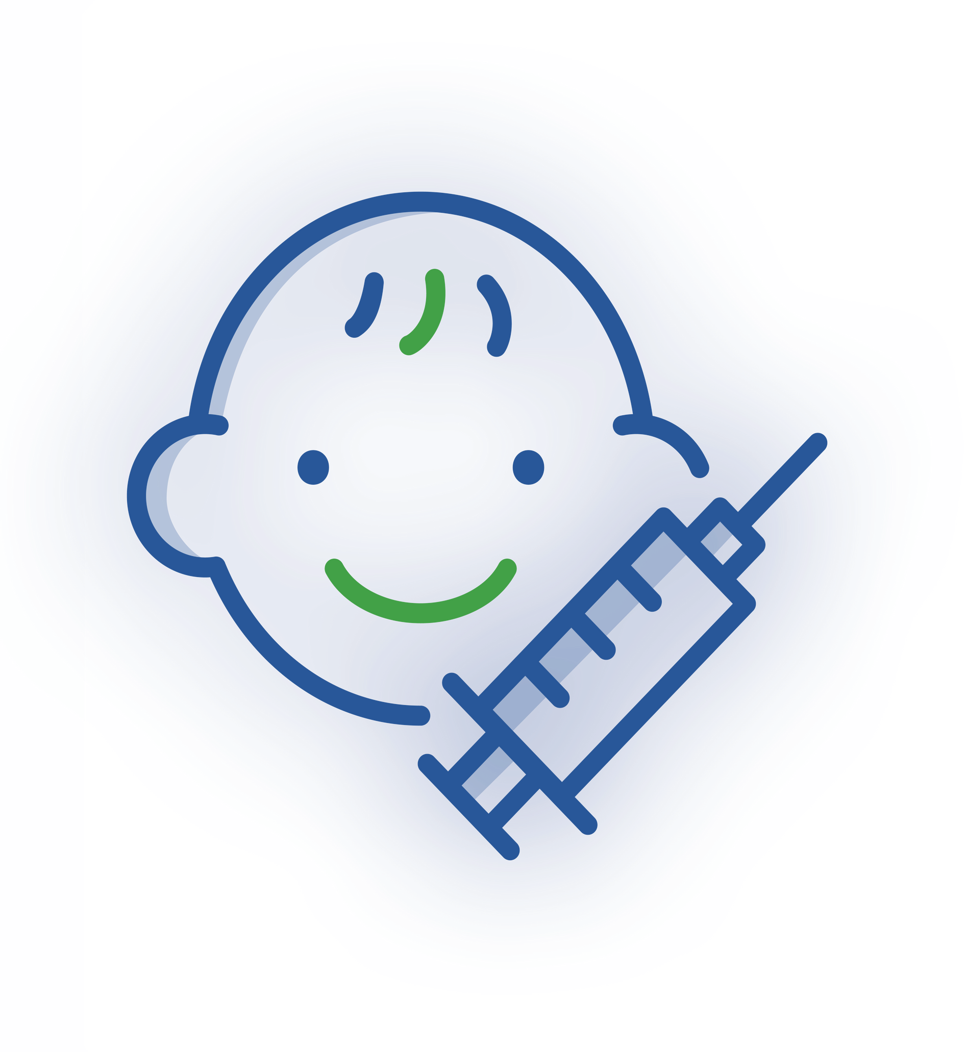 A blue outlined icon of a child's face with a green smile next to a blue syringe.