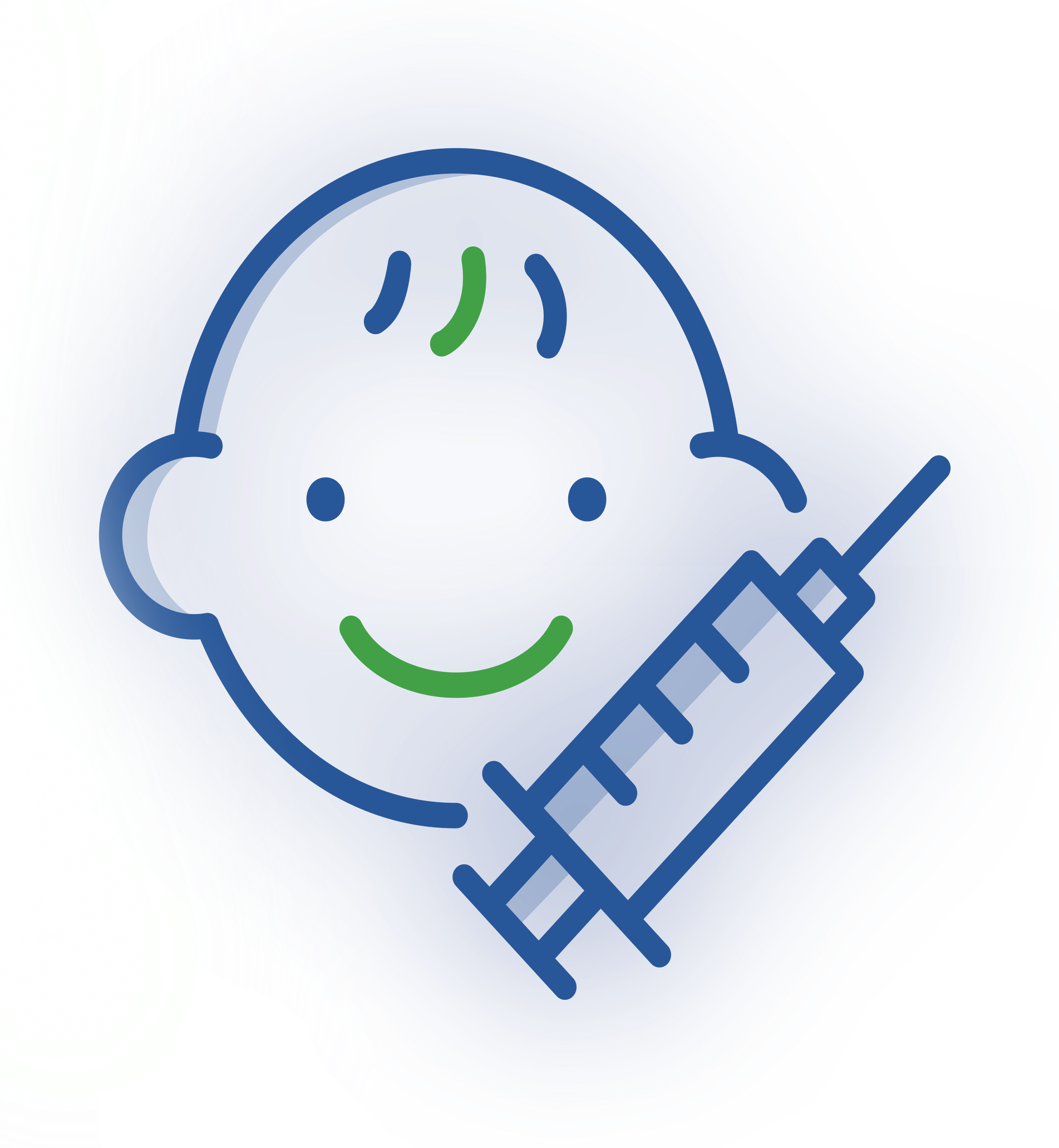 A blue and green icon showing a stylized face next to a medical syringe.