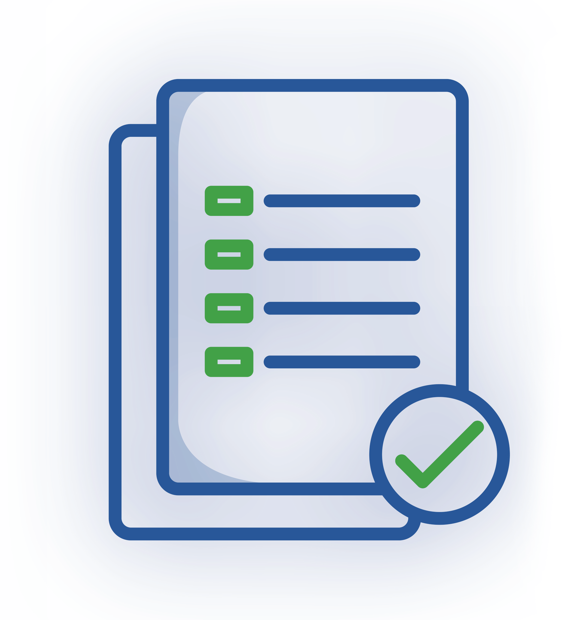 A blue icon of a document with four green bullet points and a green checkmark circle in the bottom right corner.