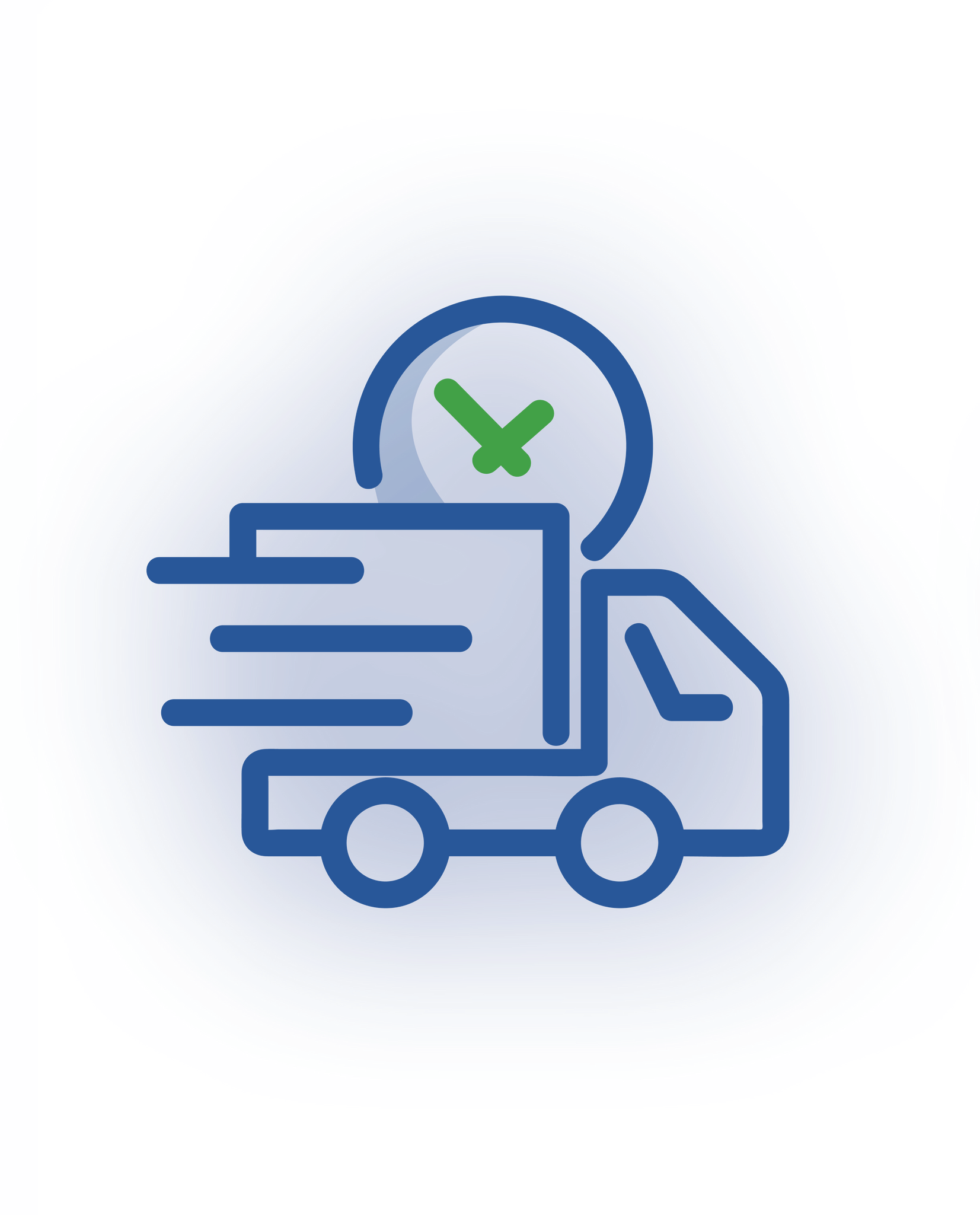 A blue, stylized delivery truck icon moving forward with a green clock symbol above it to represent fast shipping.