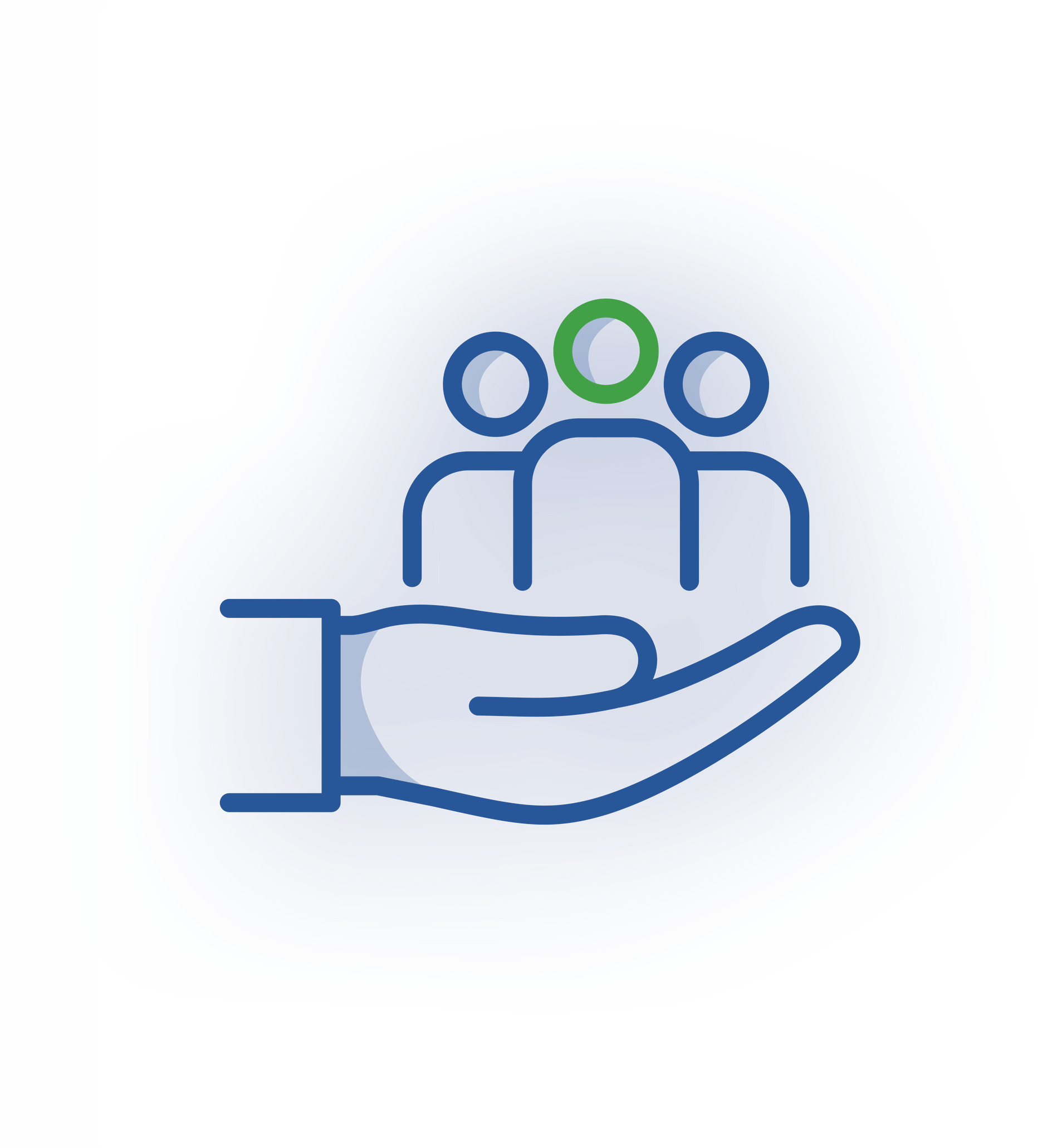 A stylized blue icon of a hand cradling a group of three people, with the top middle person outlined in green.