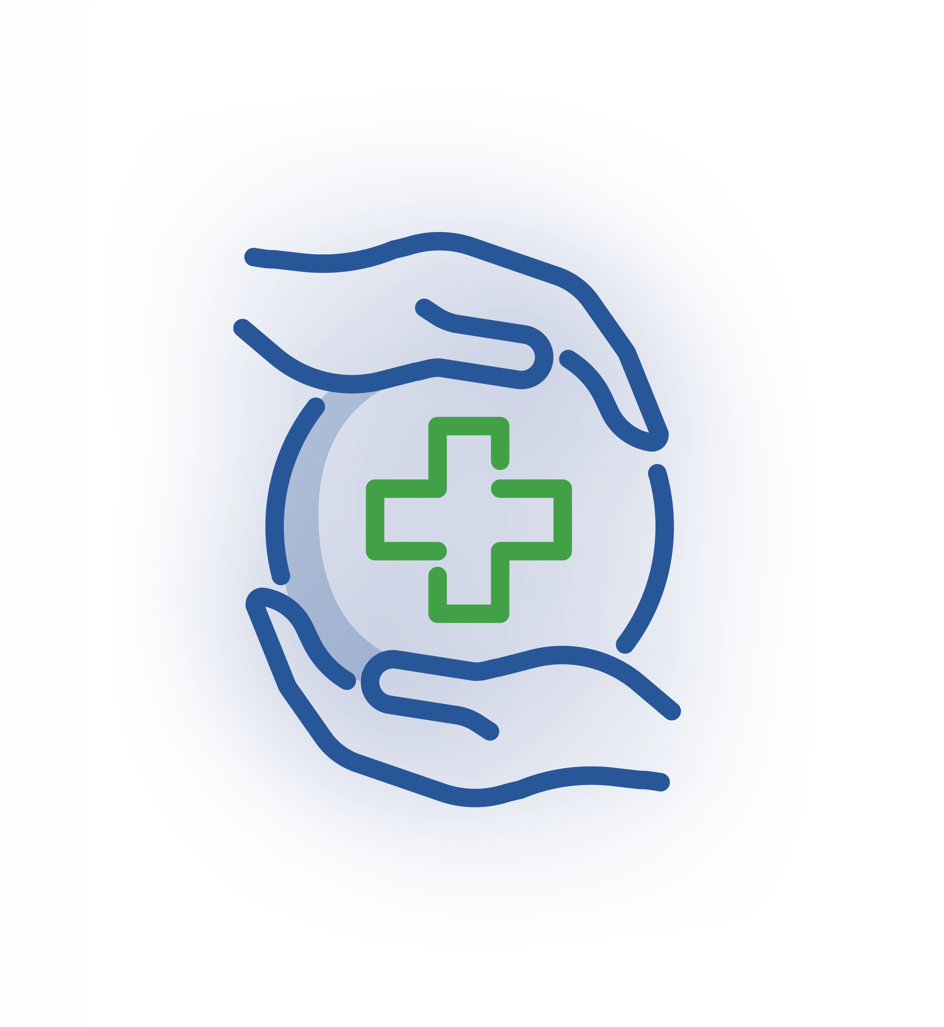 A green medical plus sign inside a light blue circle, cradled by two stylized blue hands.