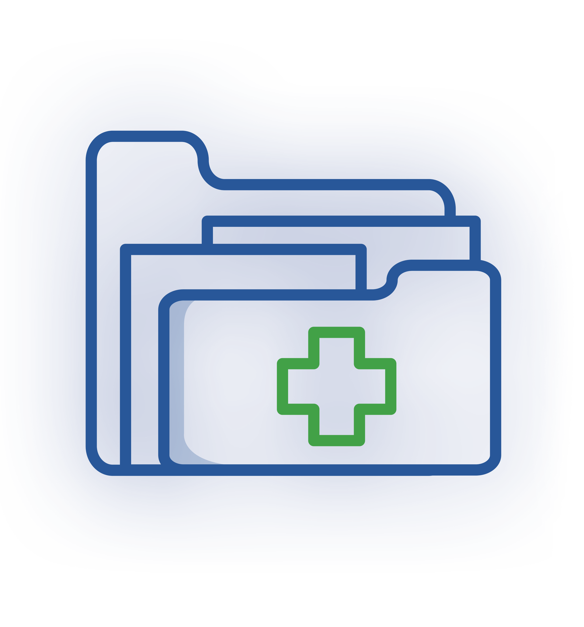 A blue icon of stacked file folders featuring a green medical cross on the front.