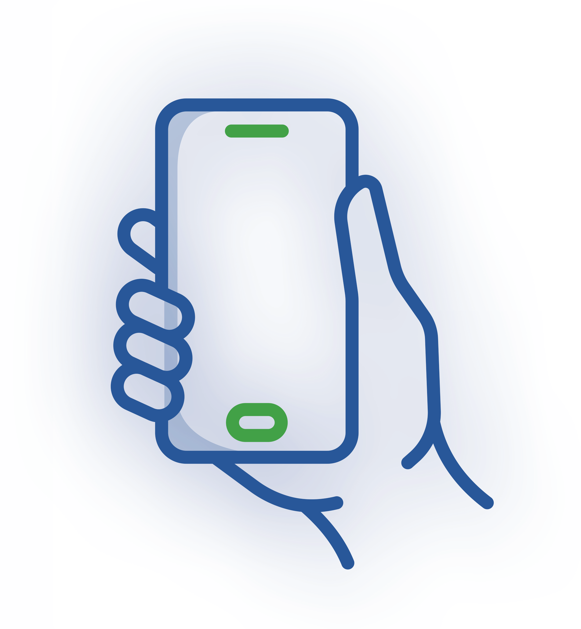 A stylized line drawing of a hand holding a mobile phone, featuring blue outlines and green accents.