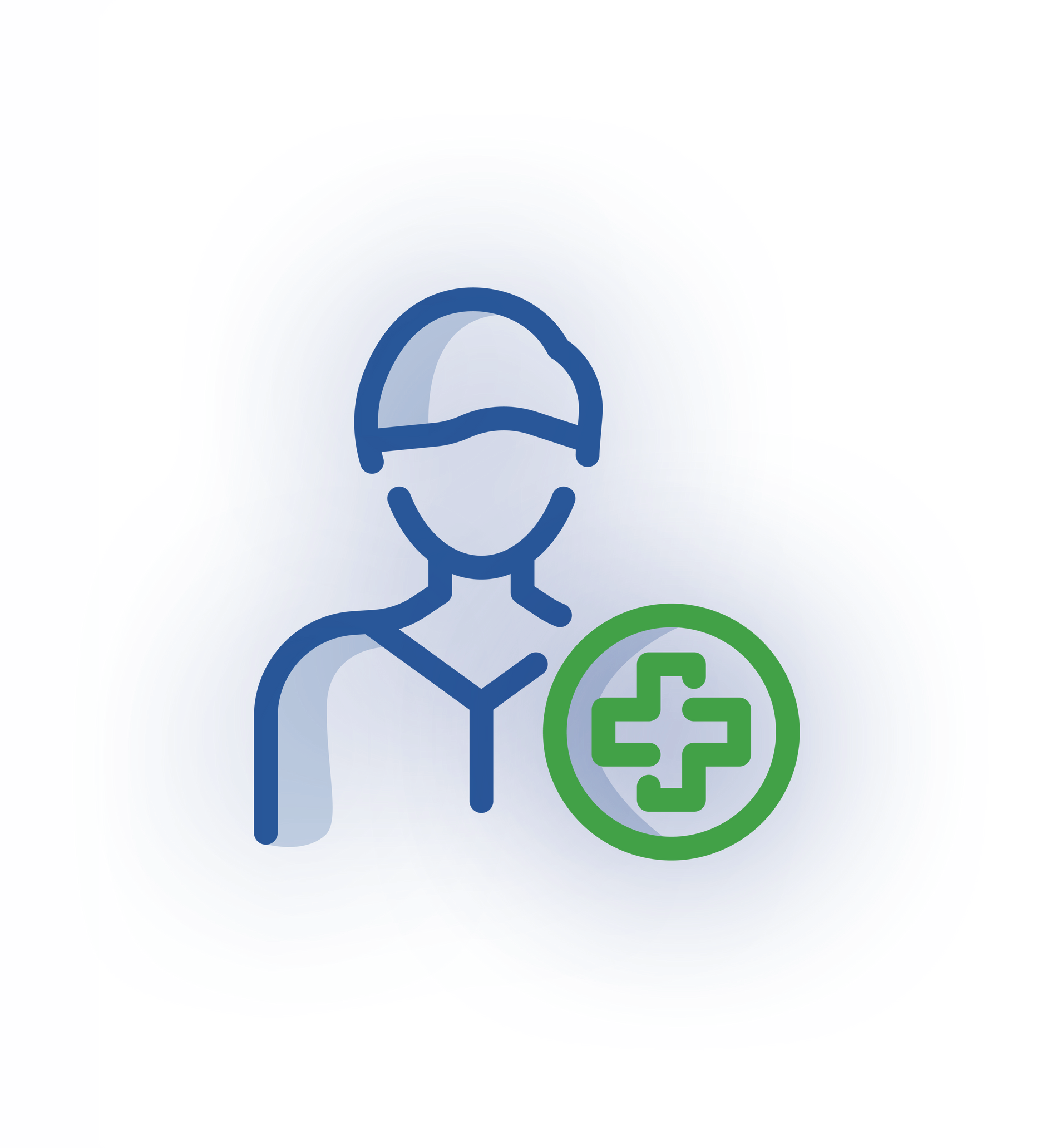 Blue icon of a person with a green plus sign in a circle at the bottom right, representing adding a user or patient.