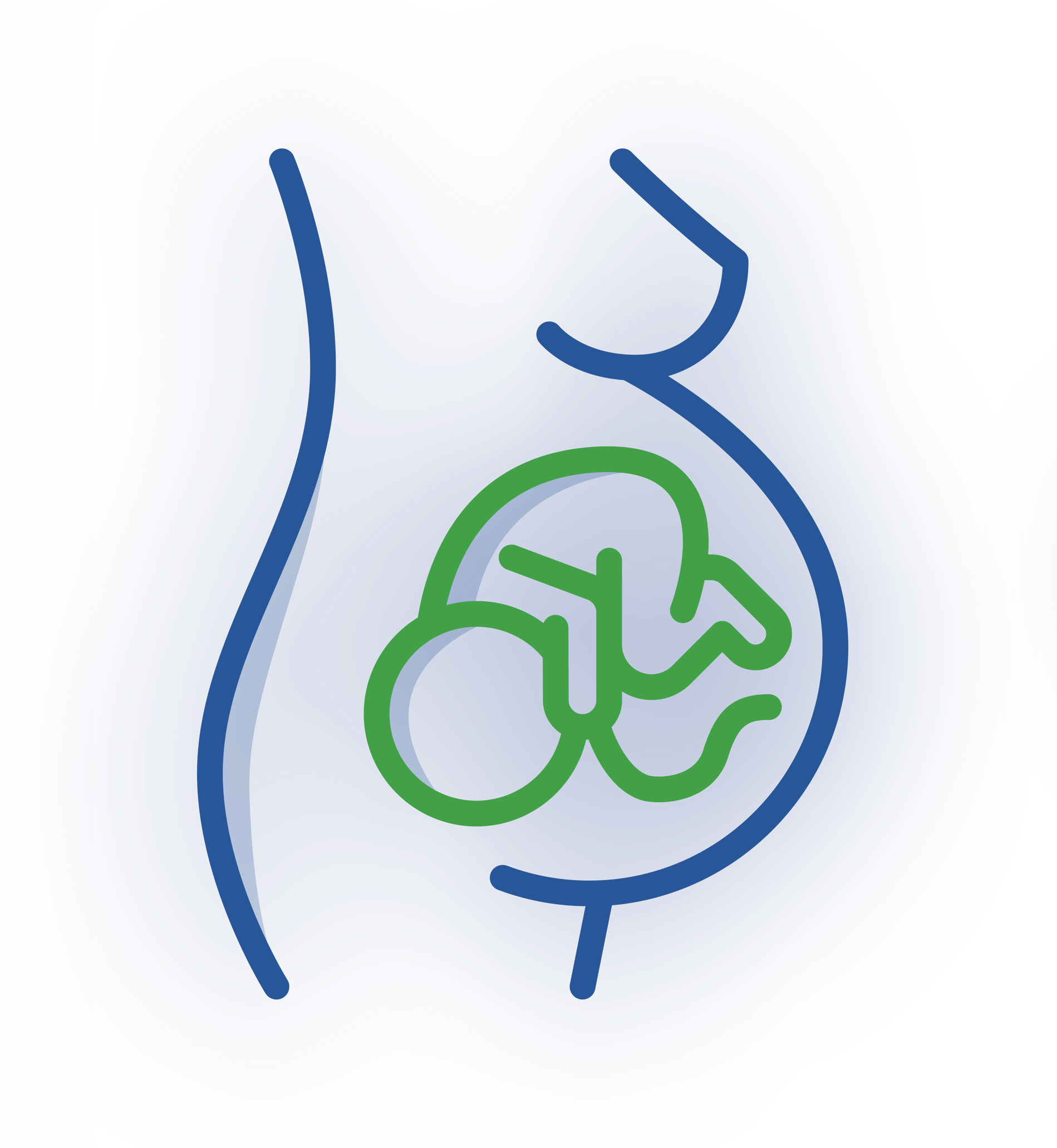 A blue outline of a pregnant person's silhouette containing a green line drawing of a fetus.