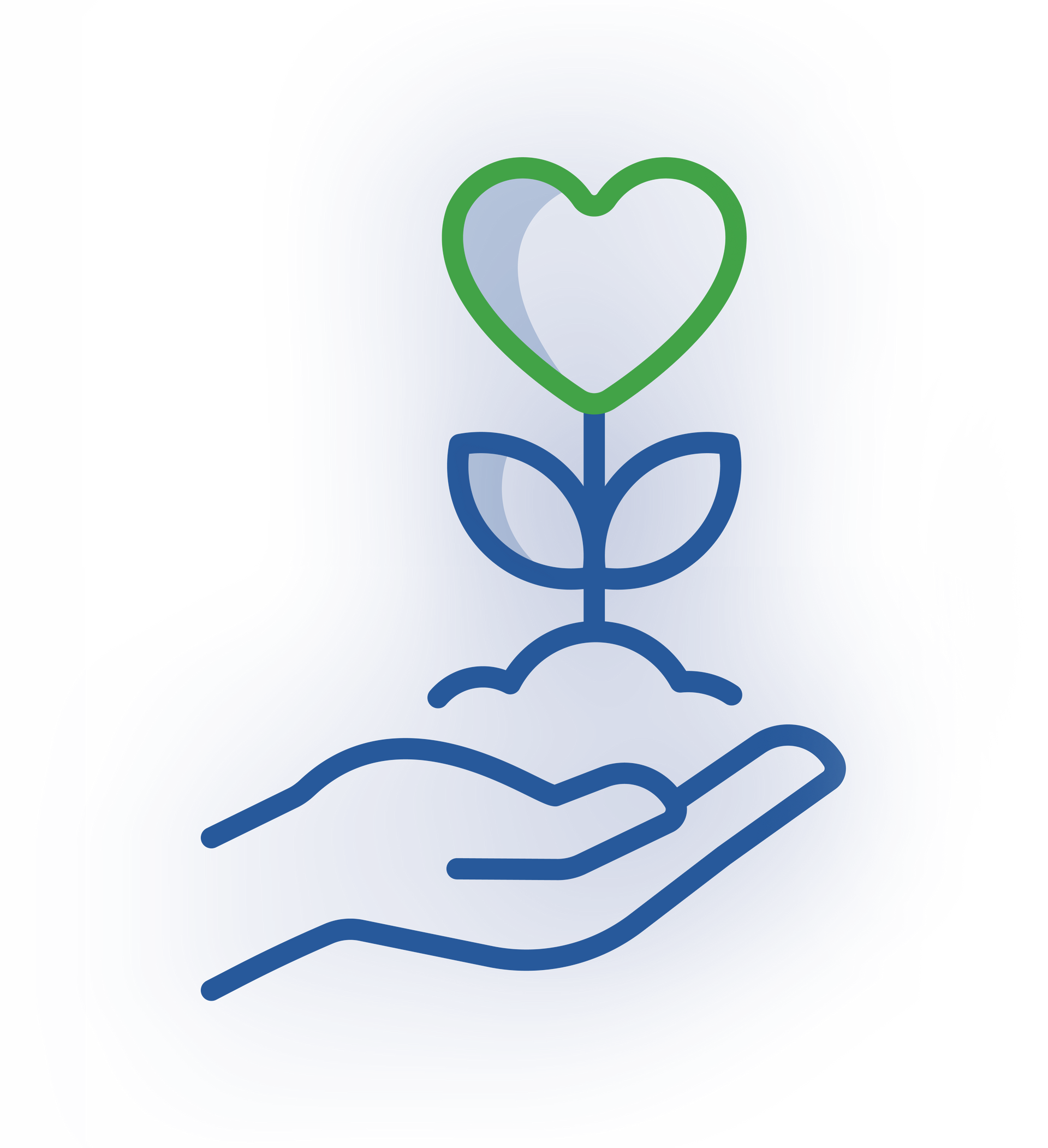 A blue outlined hand holds a mound of soil with a small sprout that has two leaves and a green heart-shaped bloom.