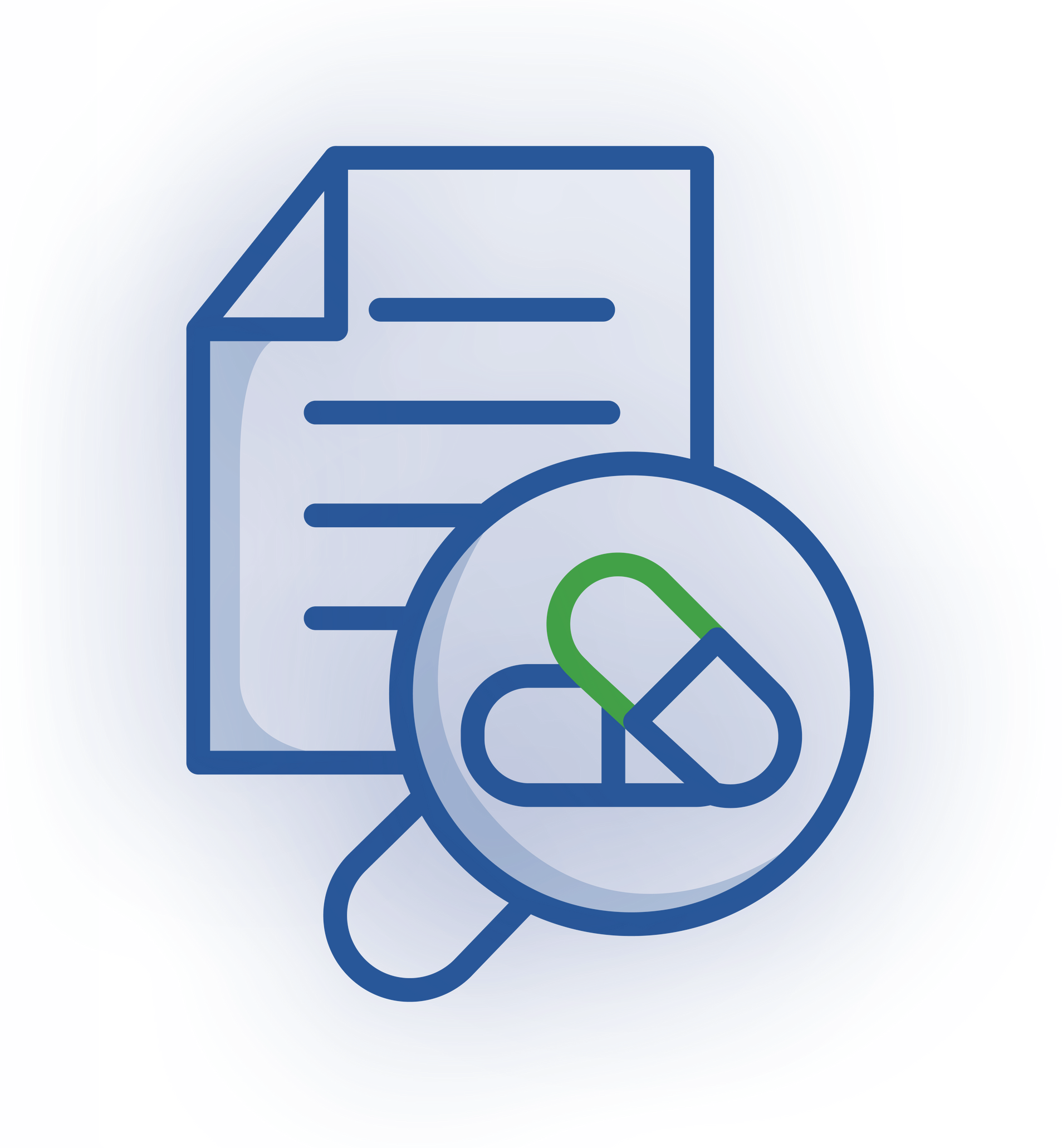 A blue icon showing a document being inspected by a magnifying glass containing a capsule pill.