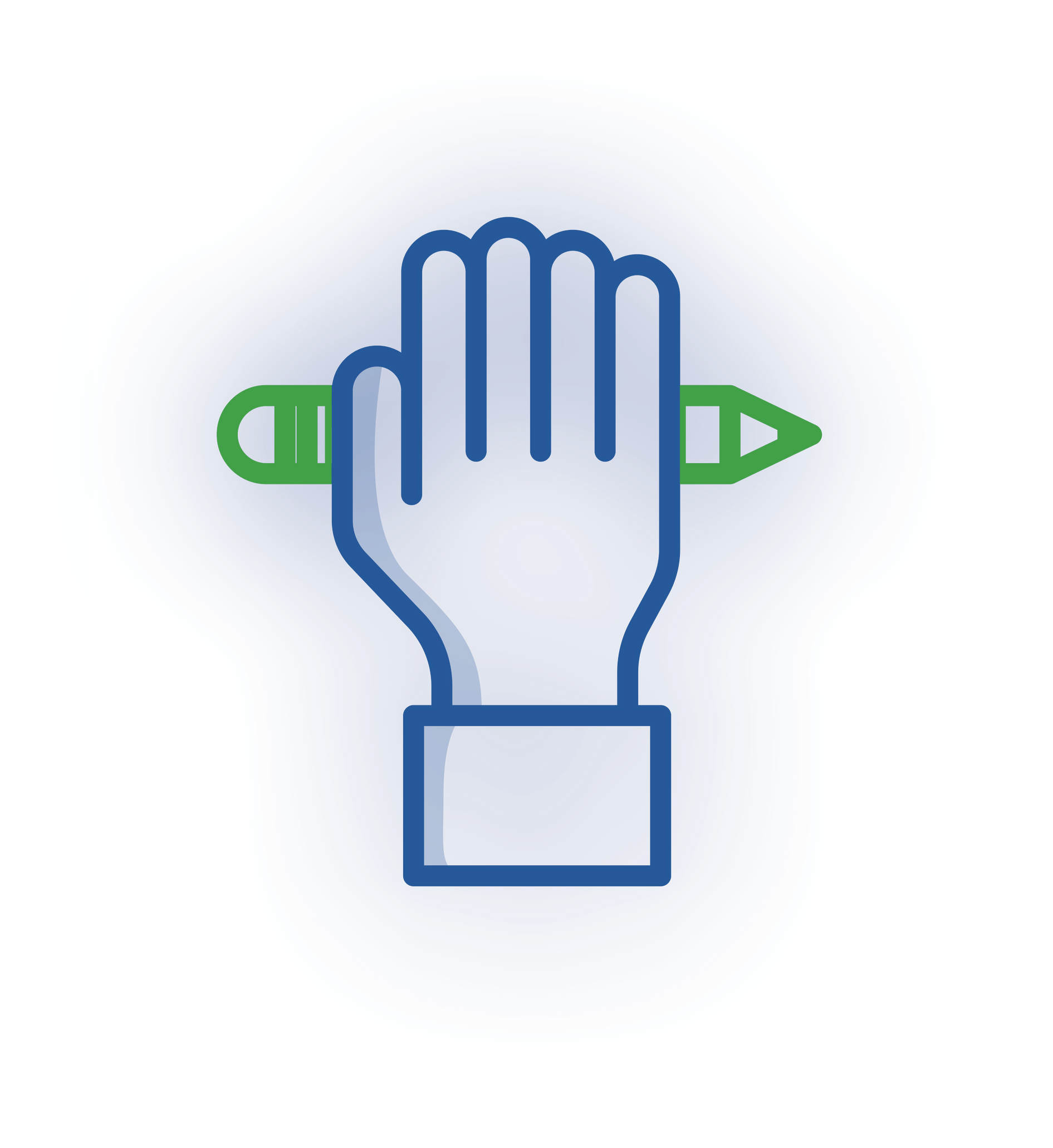 A stylized blue hand holding a horizontal green pencil.