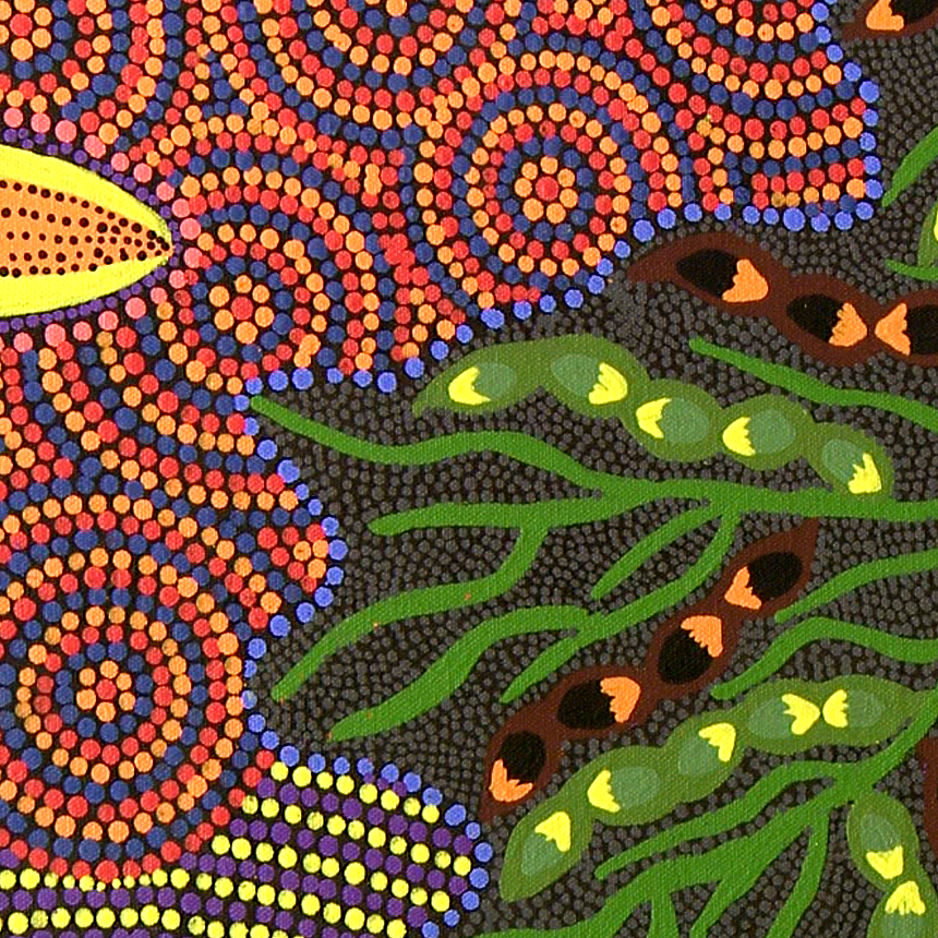 A dot-painting style artwork features vibrant, concentric orange and purple circles next to green branches with seed pods.