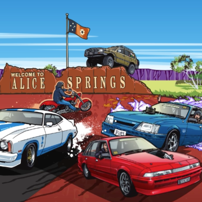 A stylized illustration showing cars and a motorcycle drifting on red dirt in front of a 