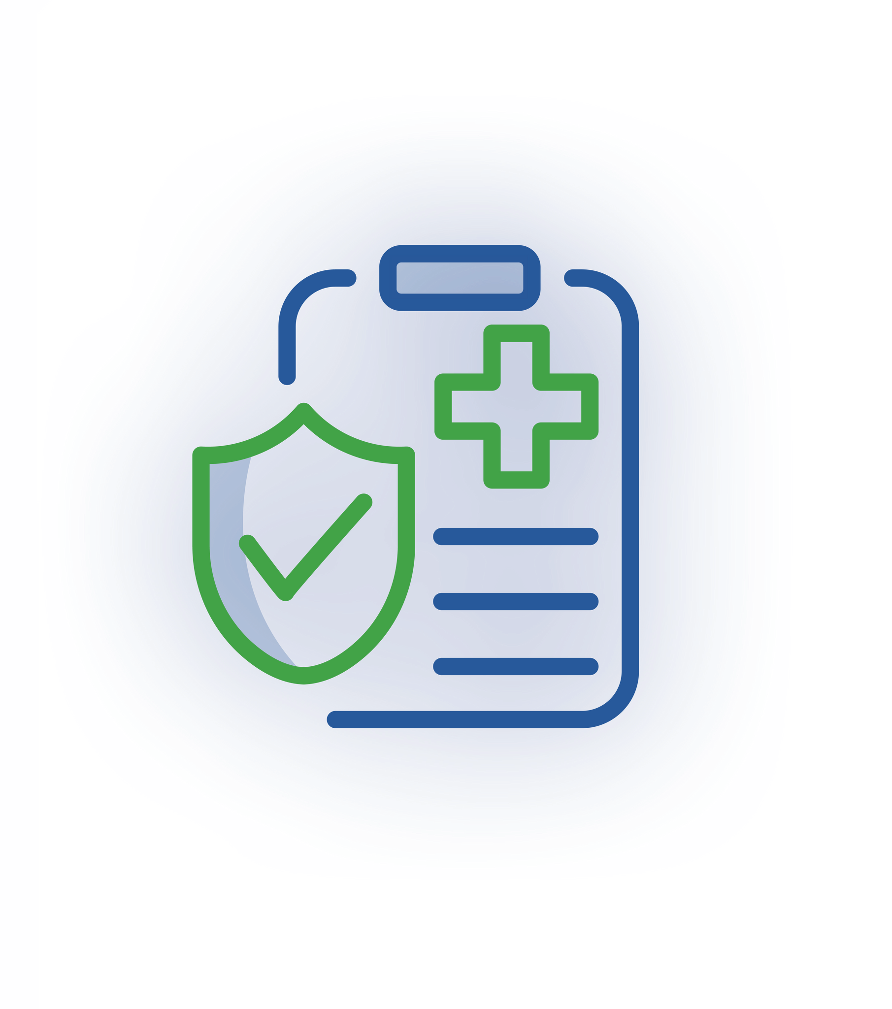 A blue medical clipboard featuring a green shield with a checkmark and a green medical cross.