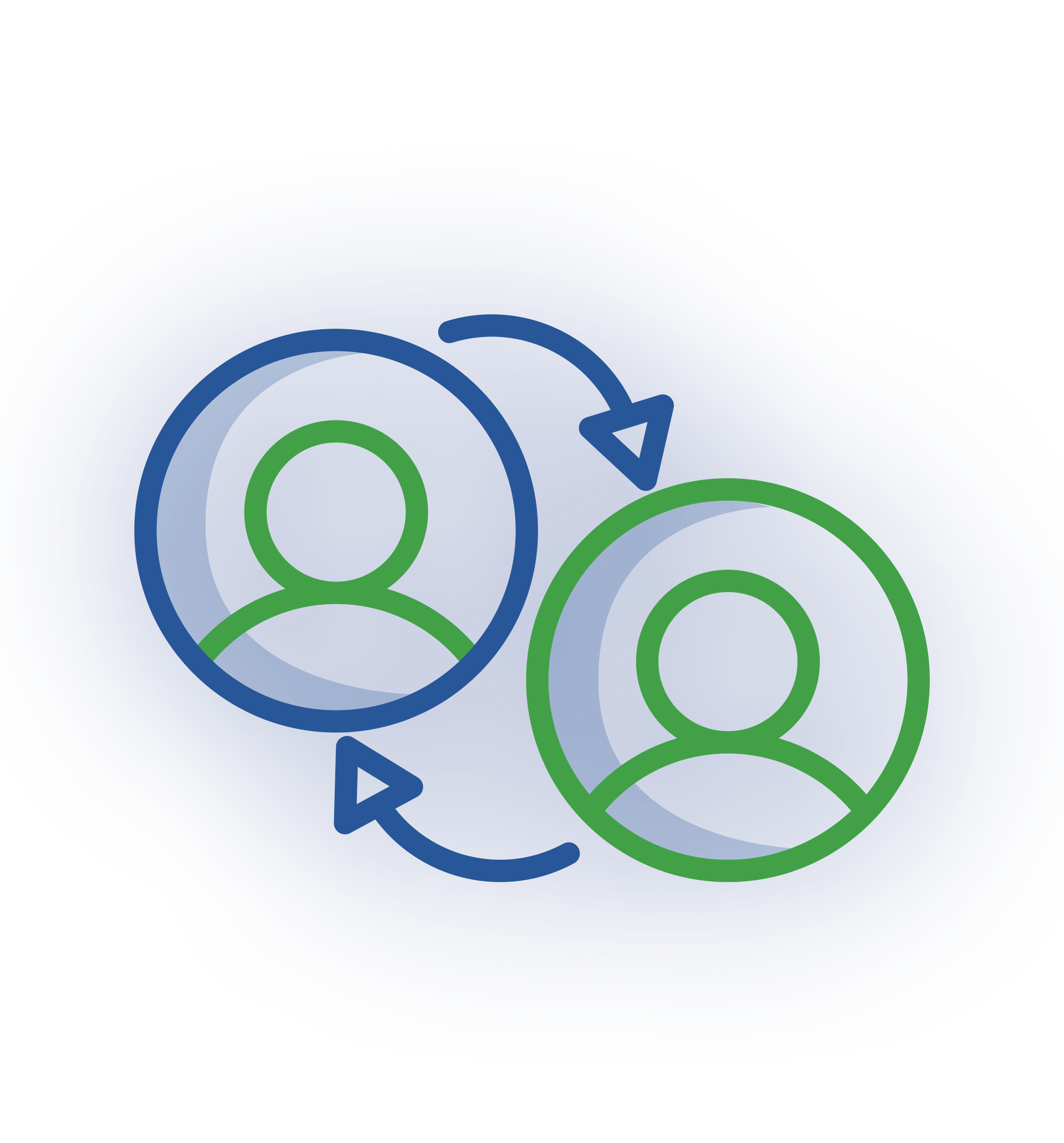 Two circular user profile icons connected by a circular arrow, representing an exchange or transfer between people.